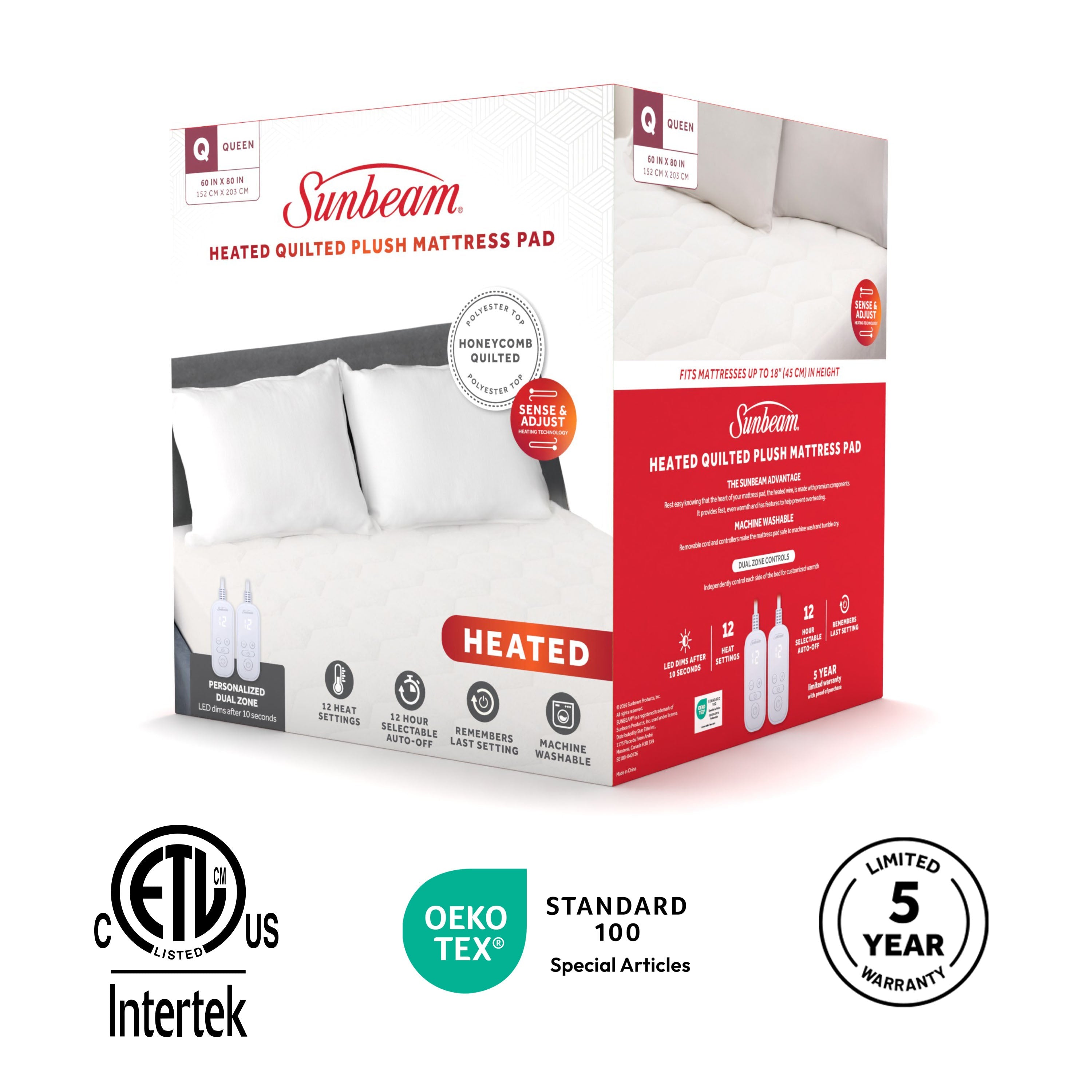 Sunbeam Heated Mattress Pad Honeycomb Quilted Plush 12 Heat Settings