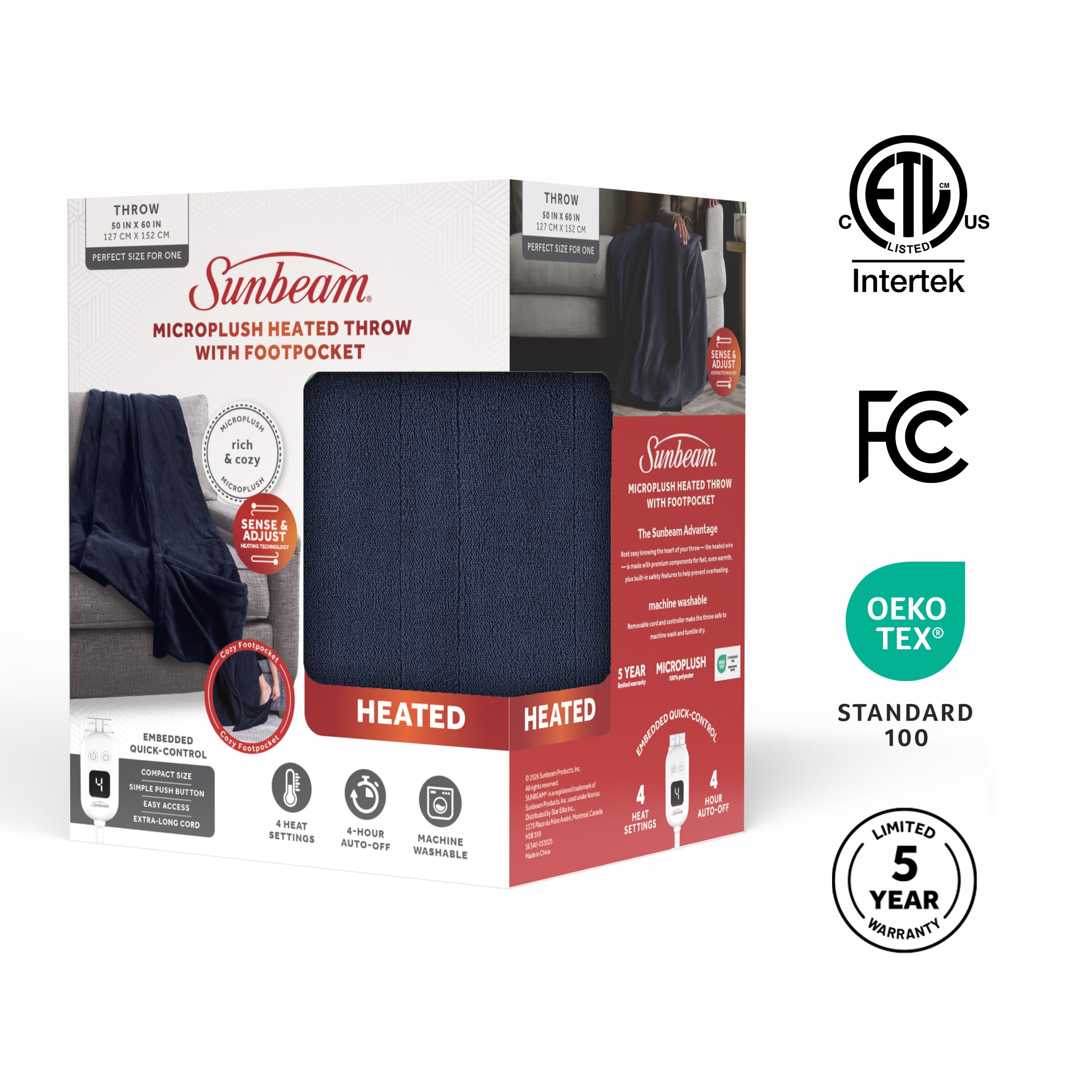 Sunbeam Electric Heated Microplush Throw Blanket Foot Pocket Orion Blue, 50 x 60 in