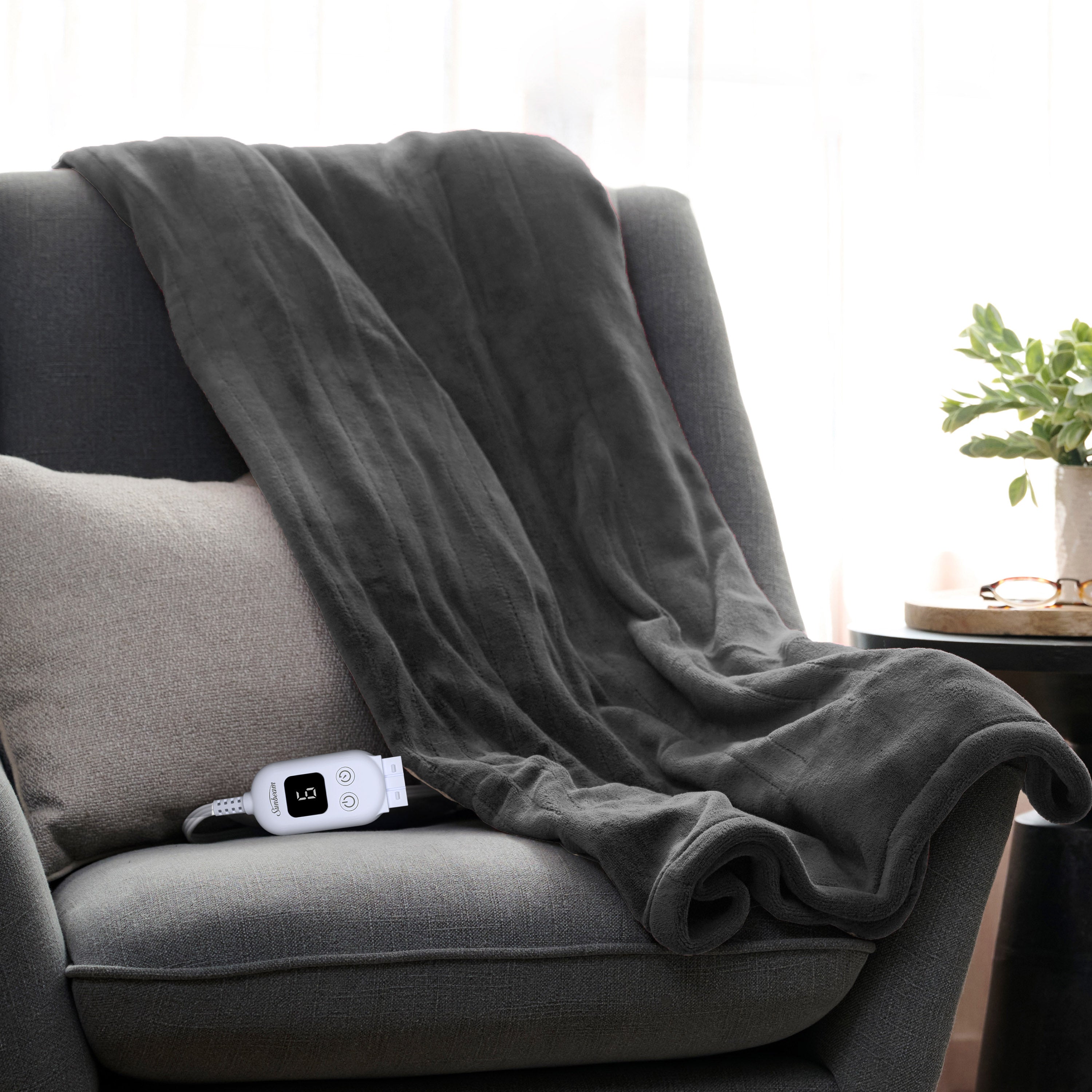 Sunbeam Electric Heated Microplush Throw Blanket Foot Pocket Dark Shadow, 50 x 60 in