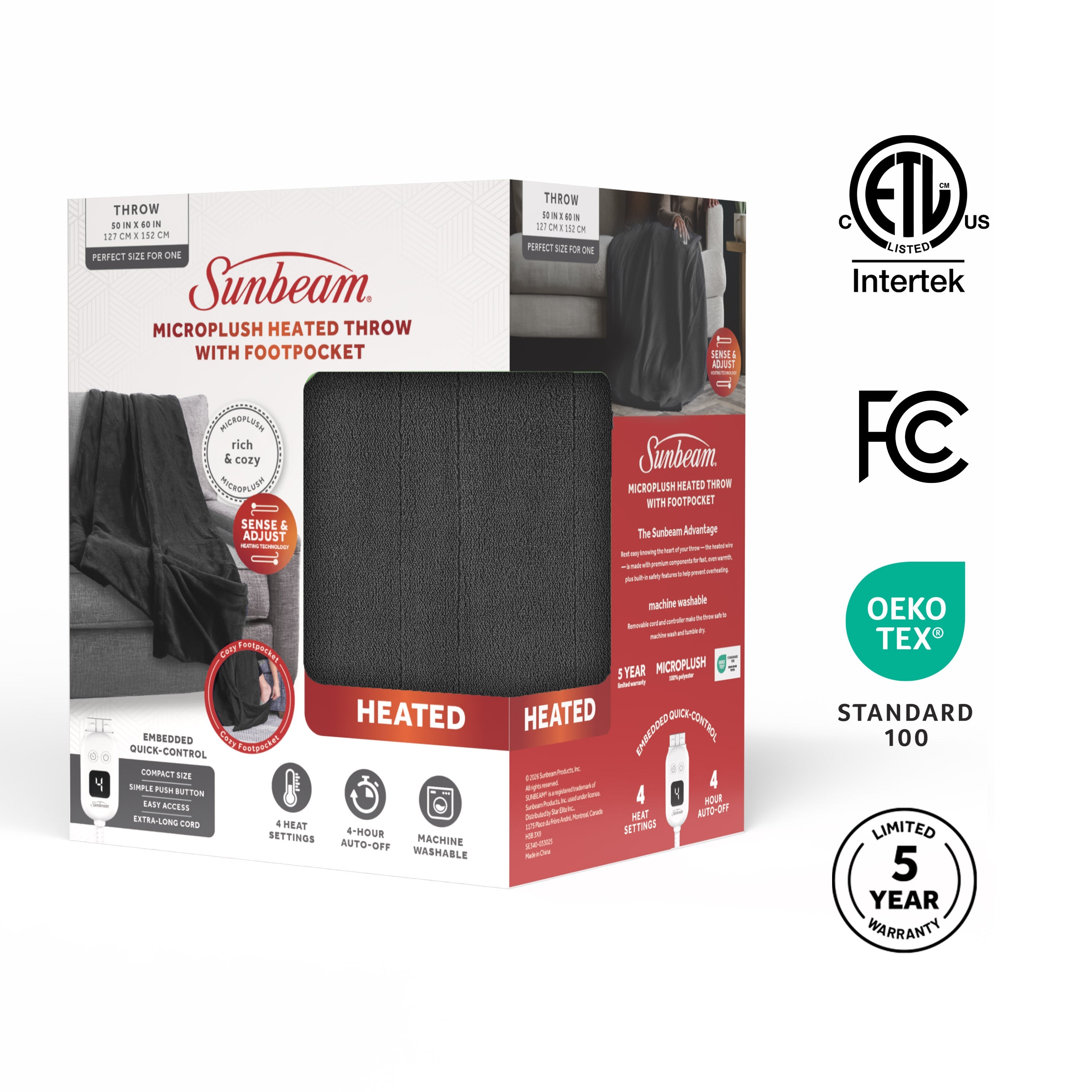 Sunbeam Electric Heated Microplush Throw Blanket Foot Pocket Dark Shadow, 50 x 60 in