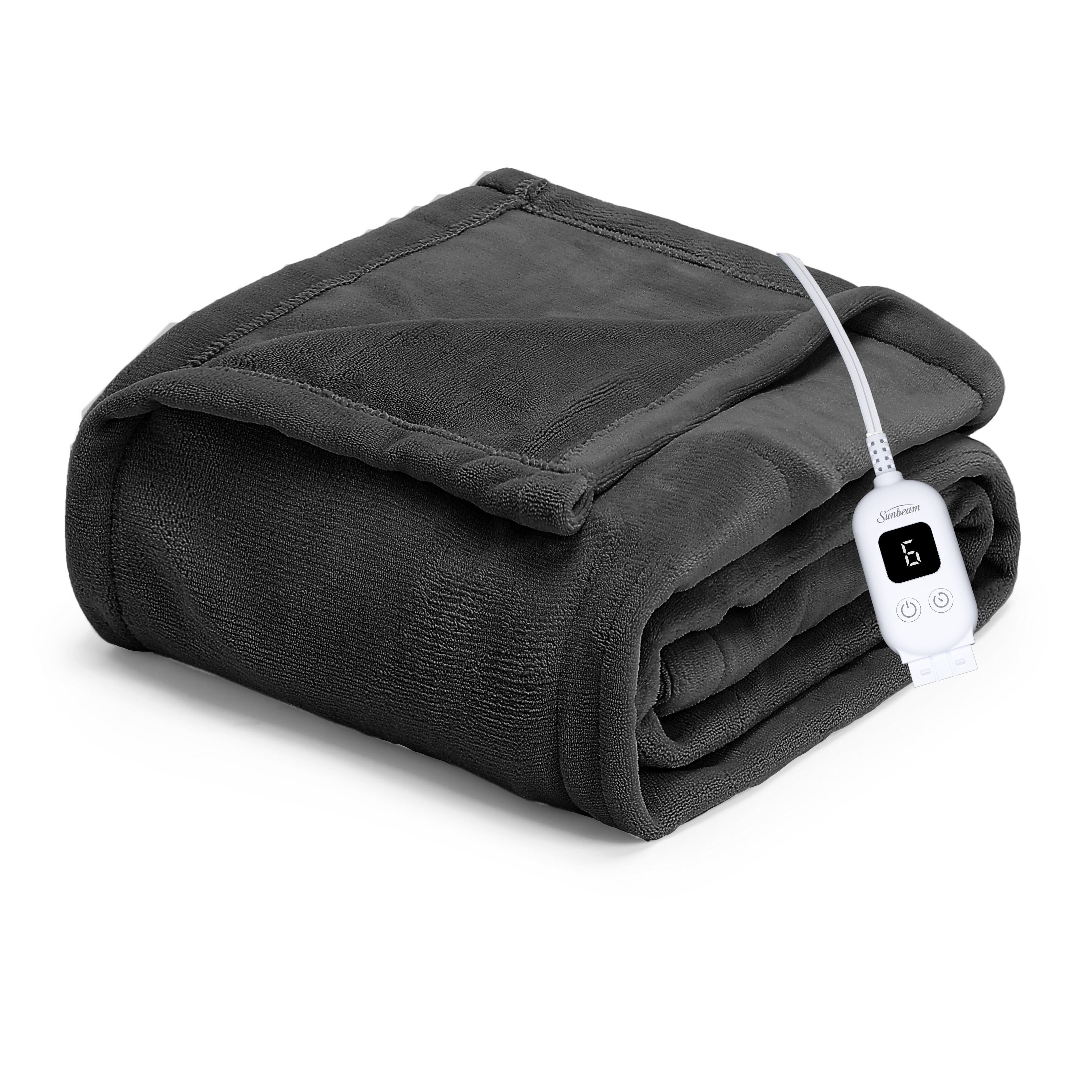 Sunbeam Electric Heated Microplush Throw Blanket Foot Pocket Dark Shadow, 50 x 60 in
