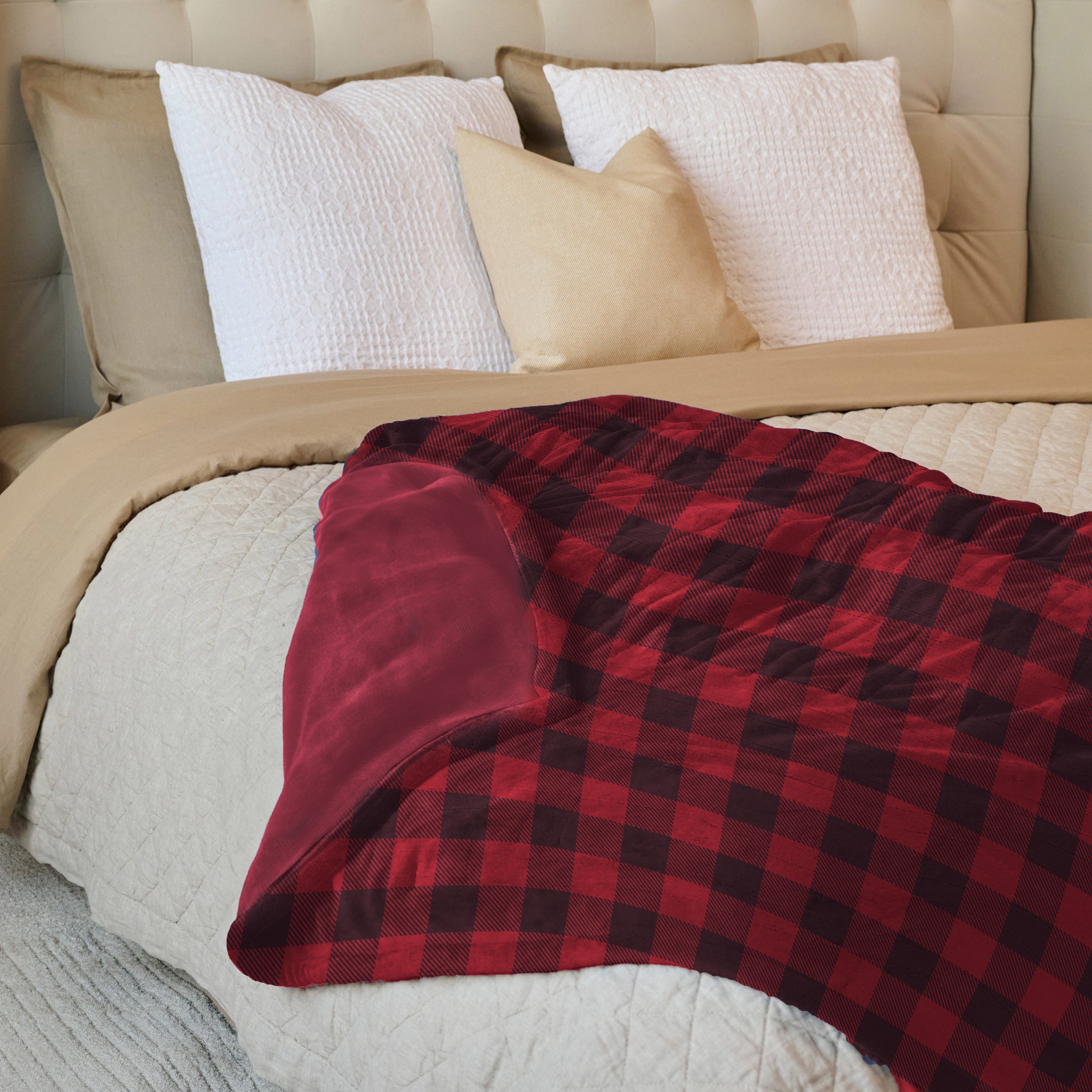 Sunbeam Electric Heated Microplush Family Throw Blanket Buffalo Plaid Red Black, 96 x 60 in