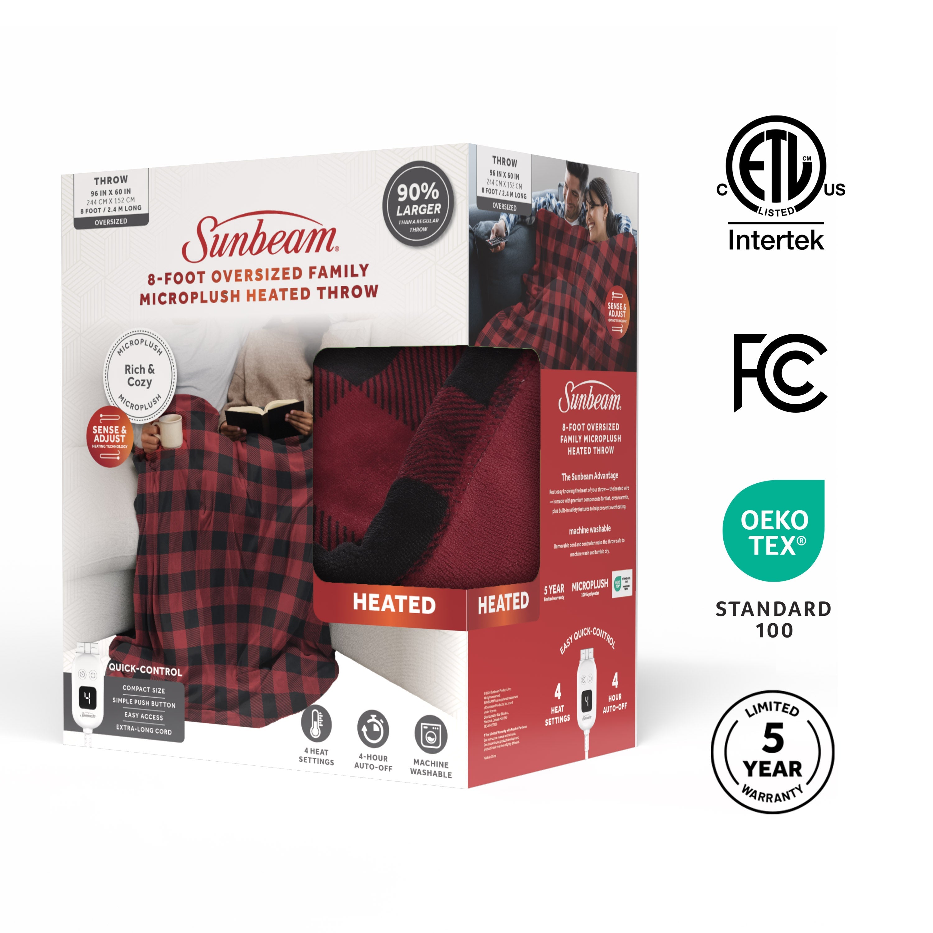 Sunbeam Electric Heated Microplush Family Throw Blanket Buffalo Plaid Red Black, 96 x 60 in