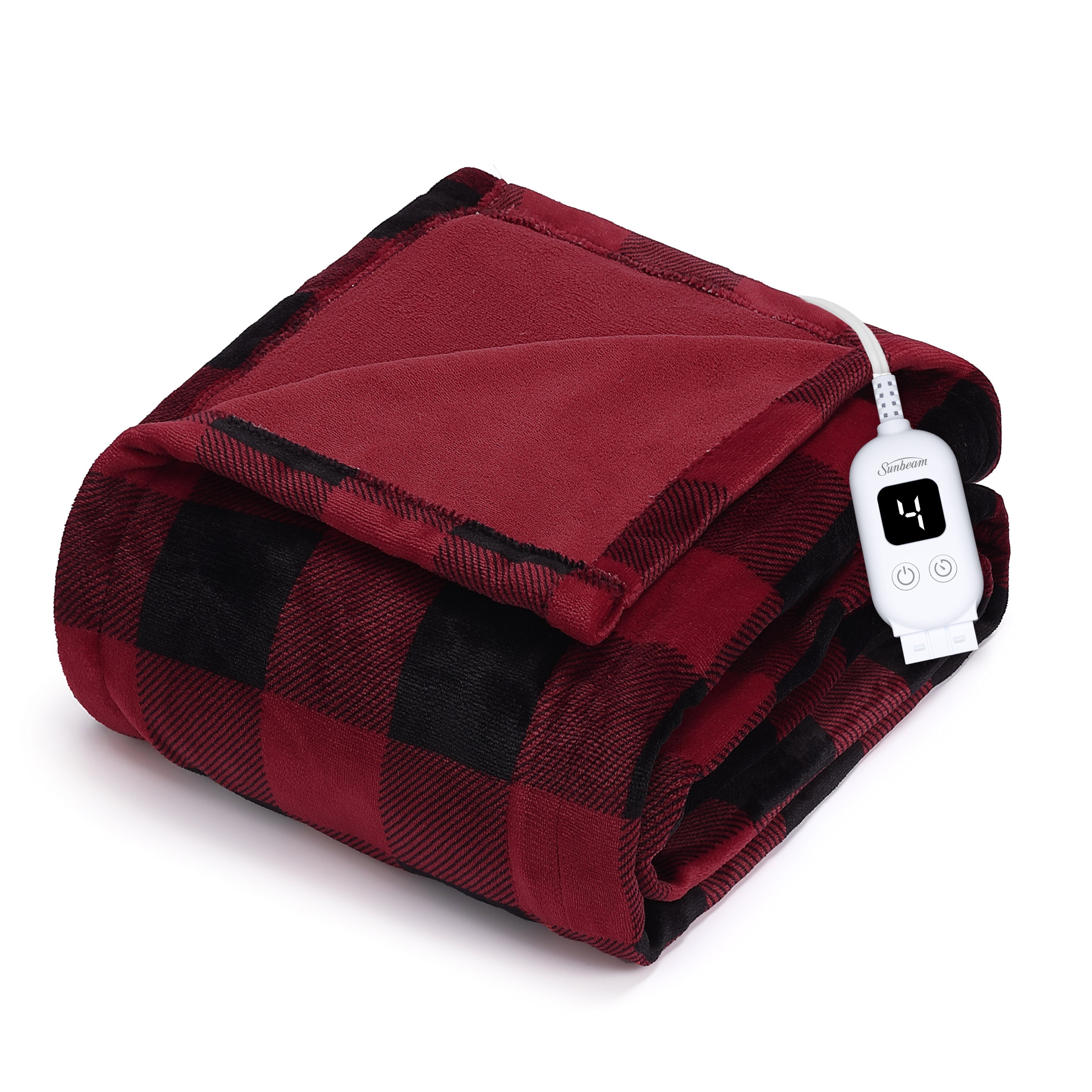 Sunbeam Electric Heated Microplush Family Throw Blanket Buffalo Plaid Red Black, 96 x 60 in
