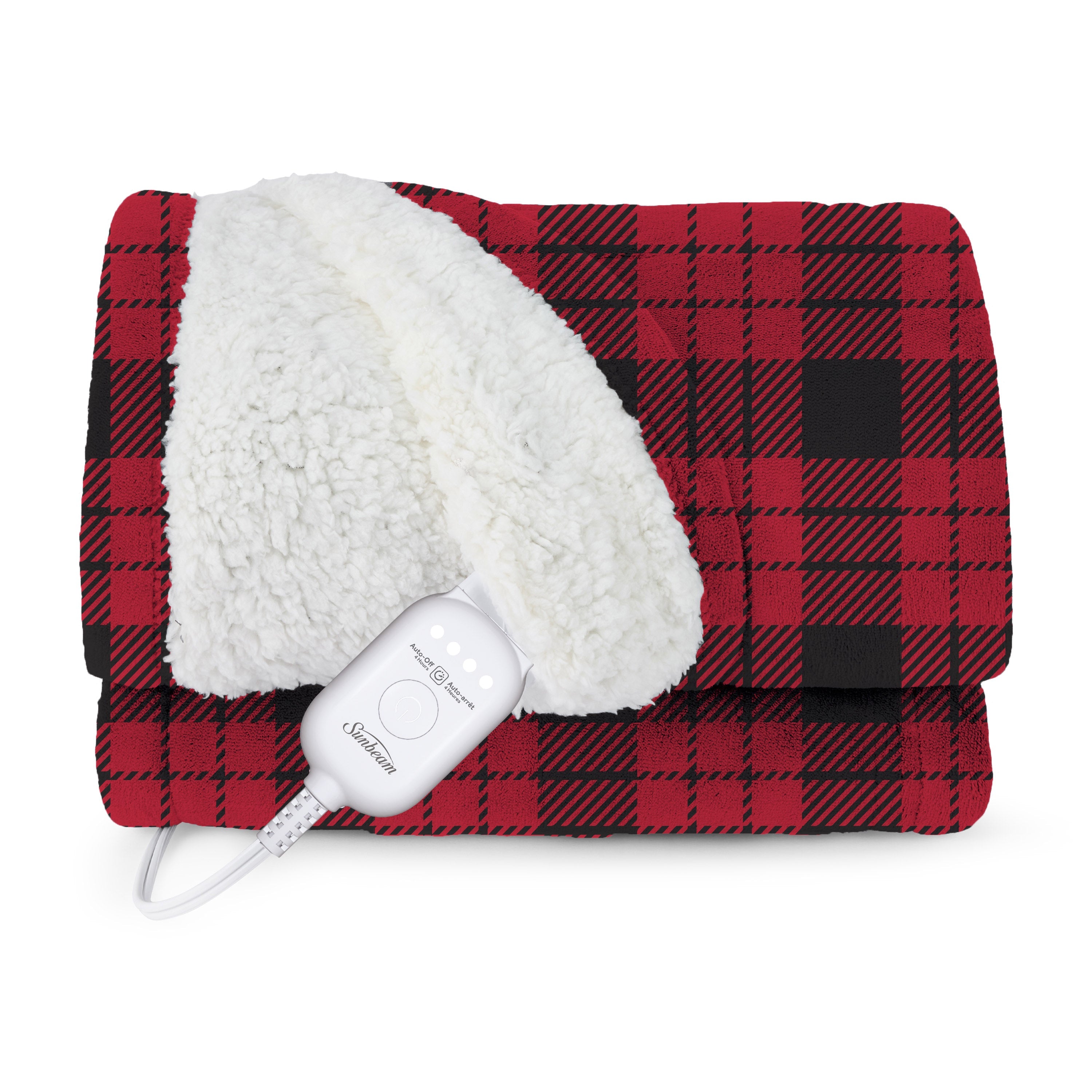 Sunbeam Heated Throw Blanket Microplush Sherpa Reverse Red Black Plaid 50" x 60"
