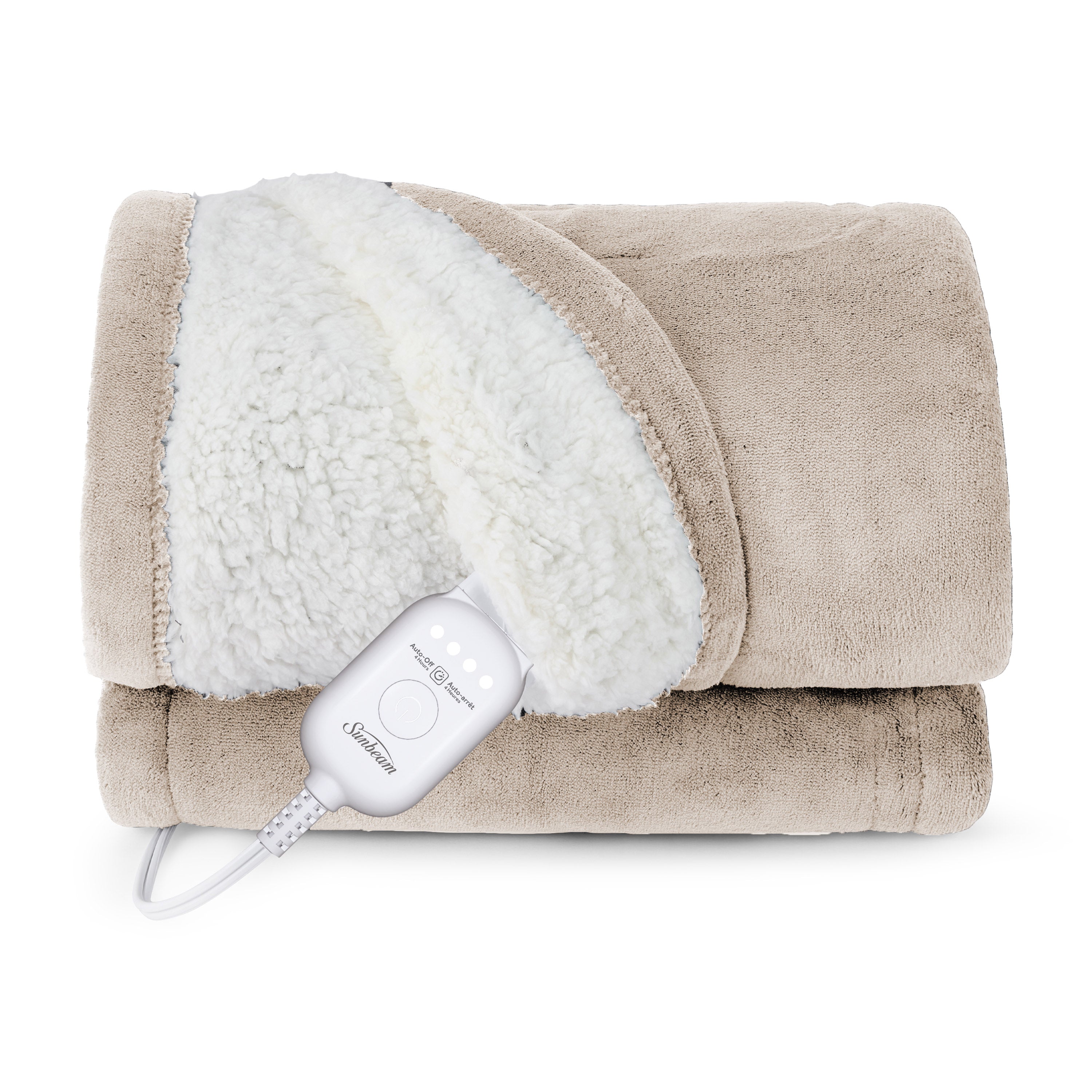 Sunbeam Heated Throw Blanket Microplush Sherpa Reverse Light Taupe 50" x 60"