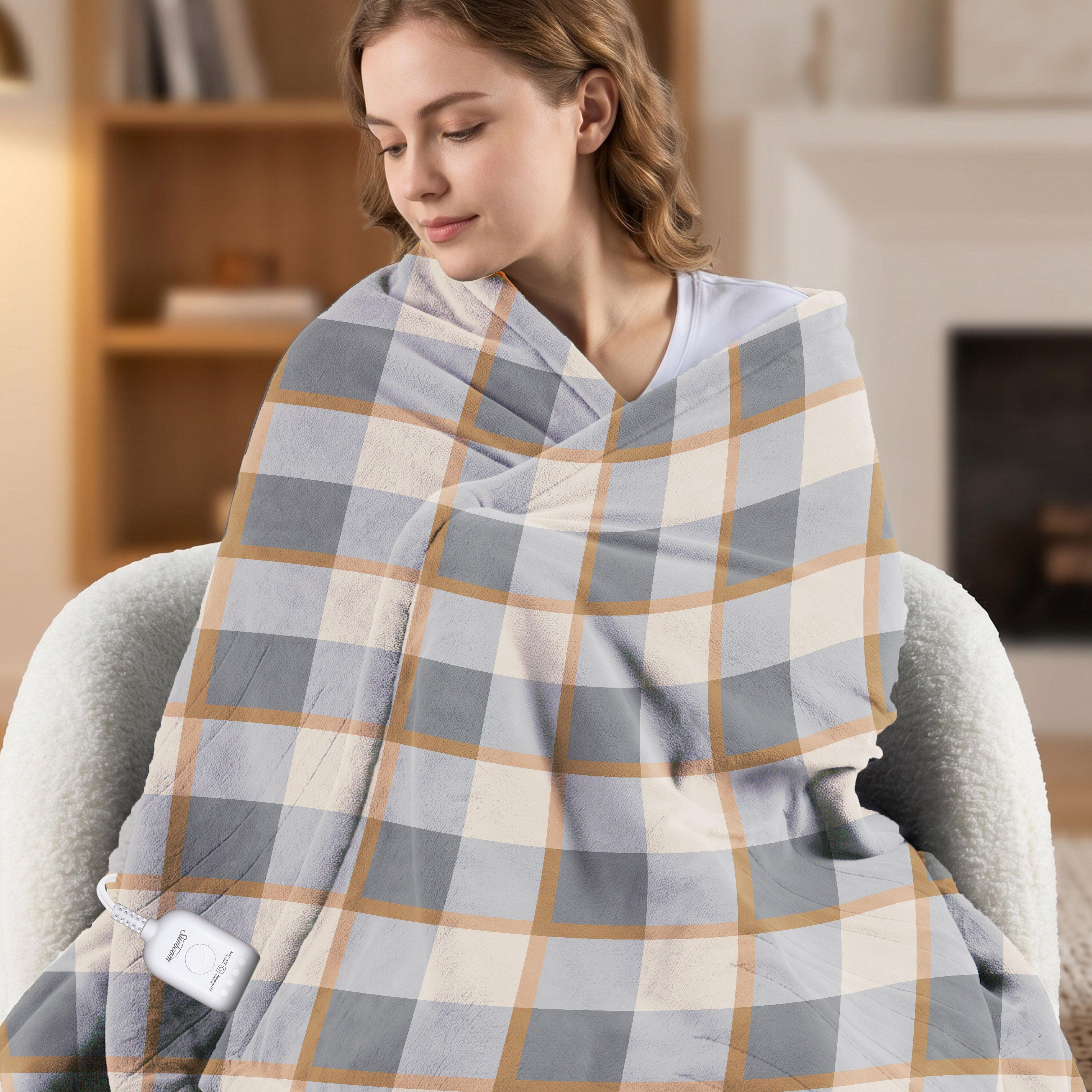 Sunbeam Heated Throw Blanket Microplush Sherpa Reverse Grey Plaid 50" x 60"