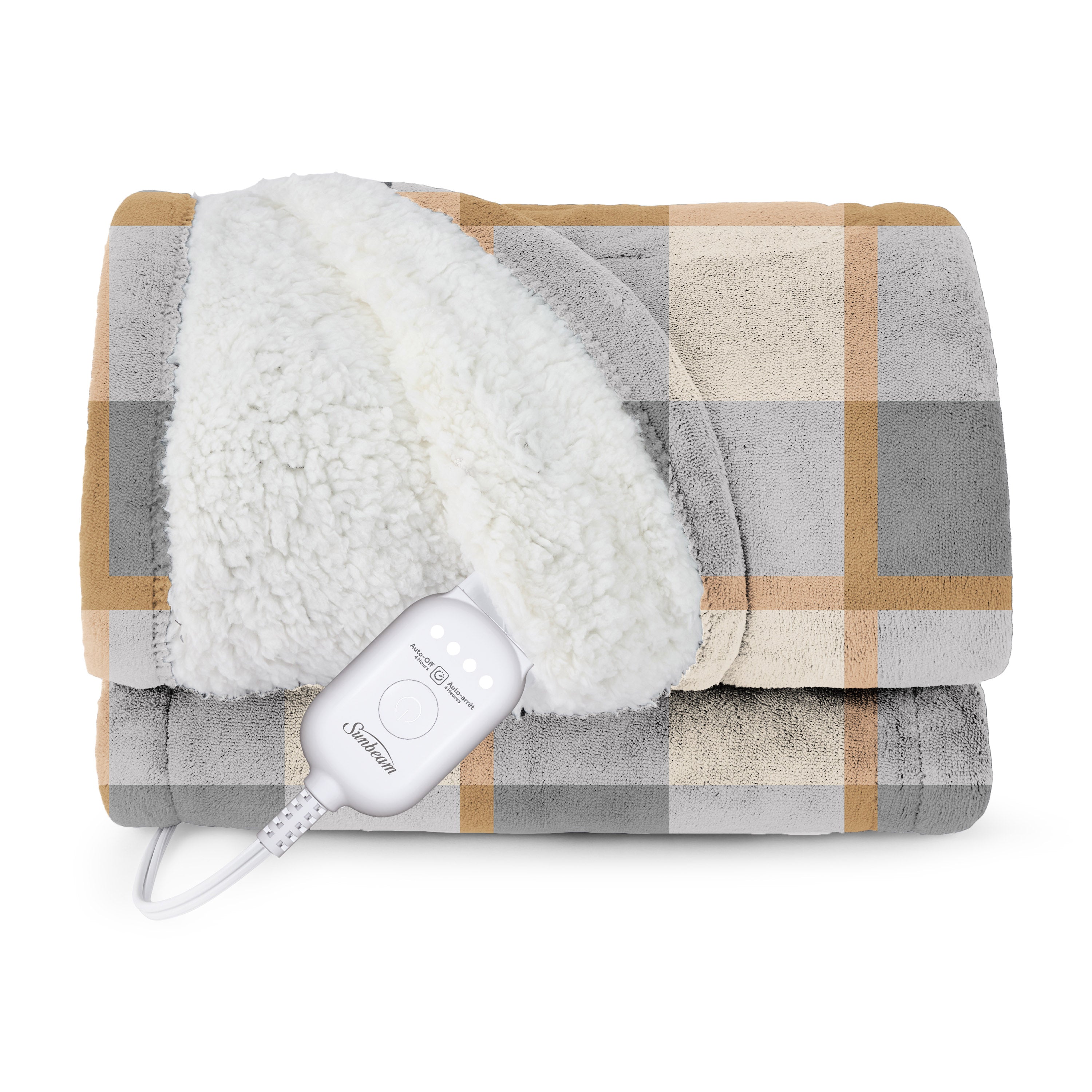 Sunbeam Heated Throw Blanket Microplush Sherpa Reverse Grey Plaid 50" x 60"