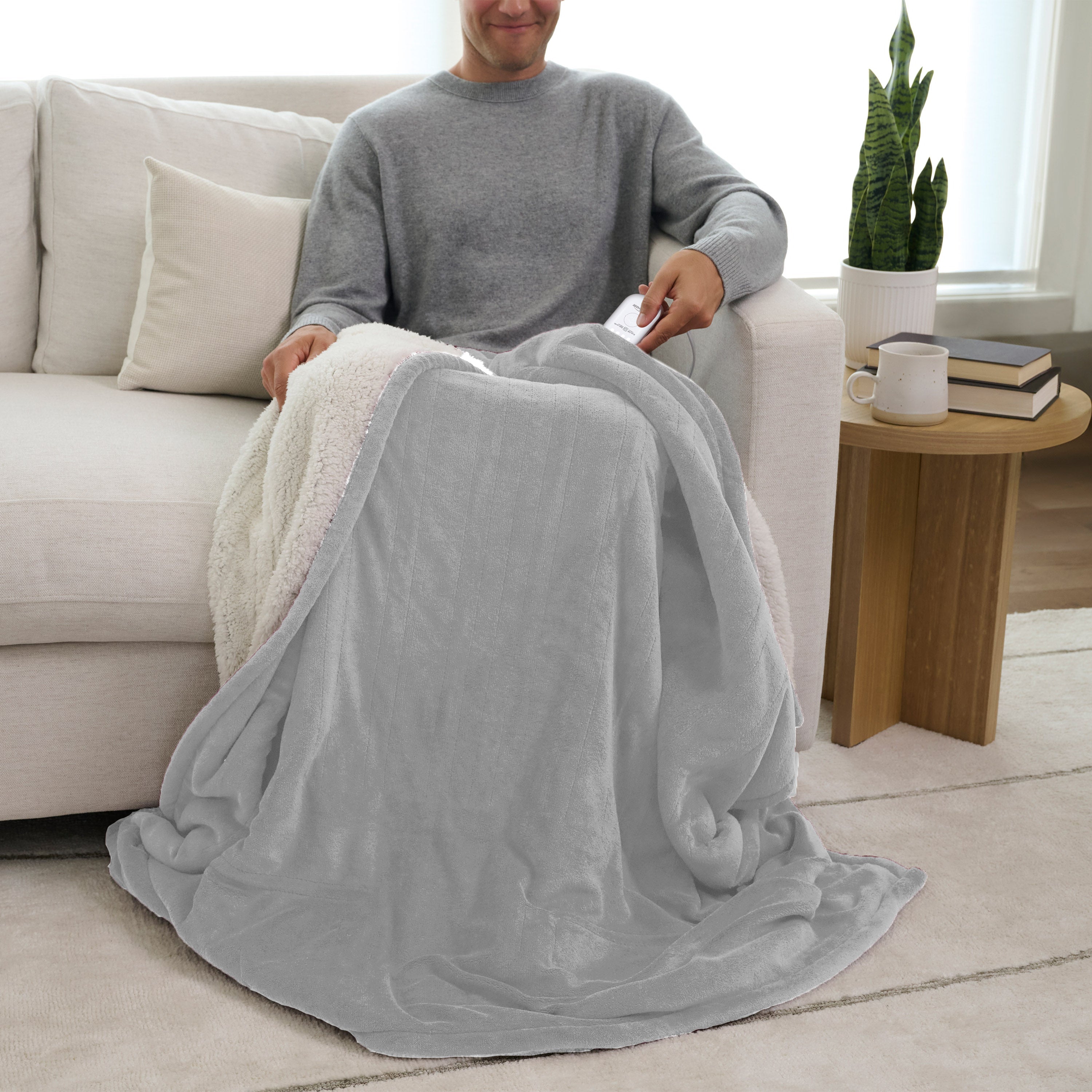 Sunbeam Heated Throw Blanket Microplush Sherpa Reverse Grey 50" x 60"