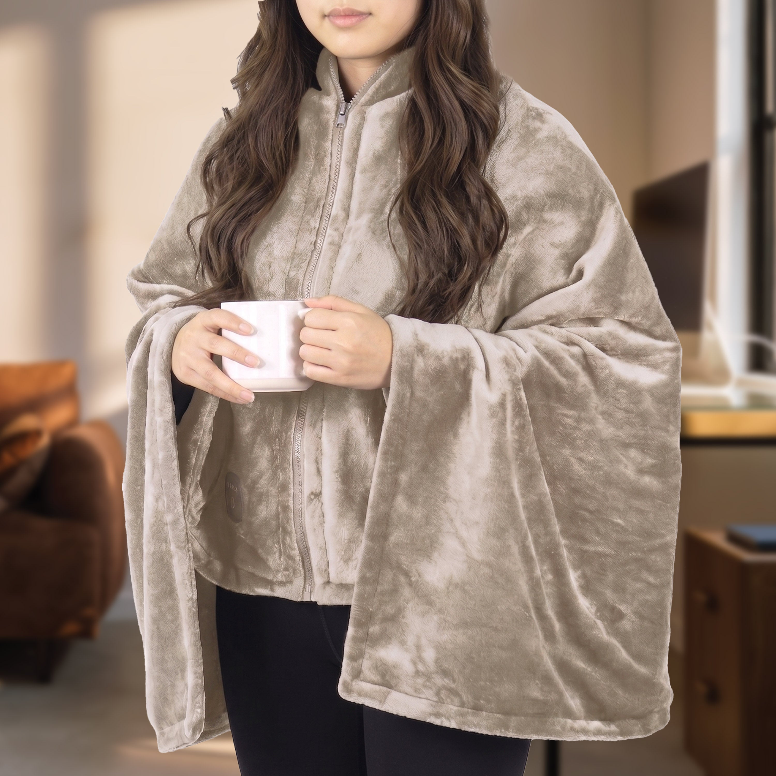 Sunbeam Heated Wearable Throw Shorty Hood Velvet Sherpa Reverse 70" x 38"