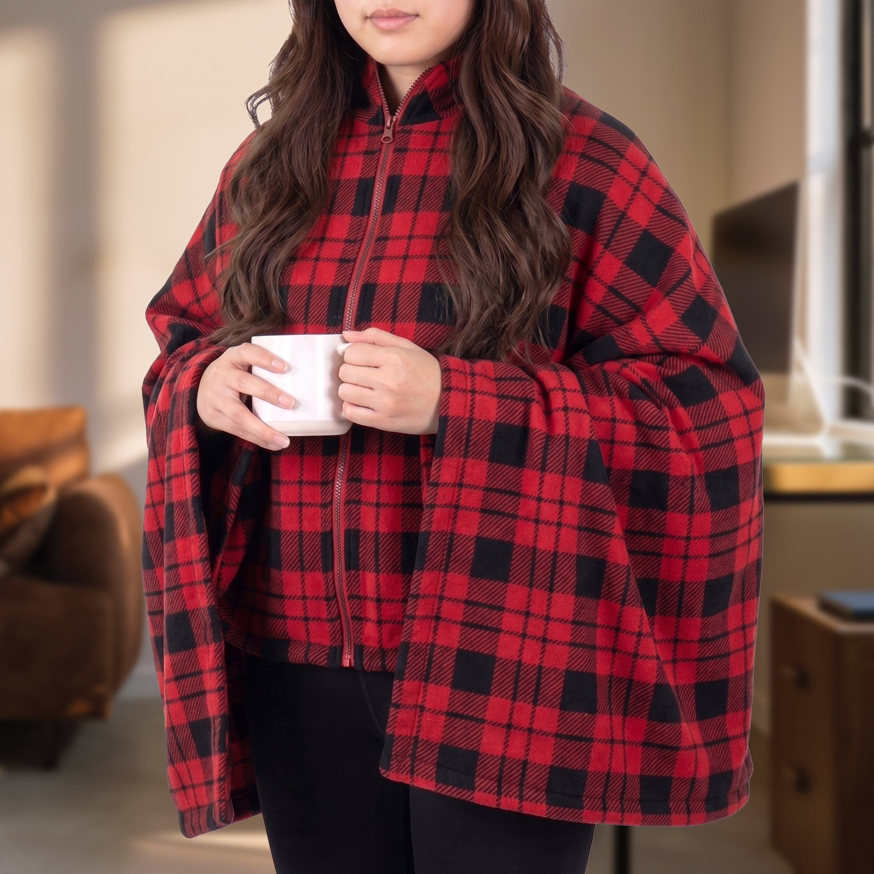 Sunbeam Heated Wearable Throw Shorty Hood Velvet Sherpa Reverse 70" x 38"