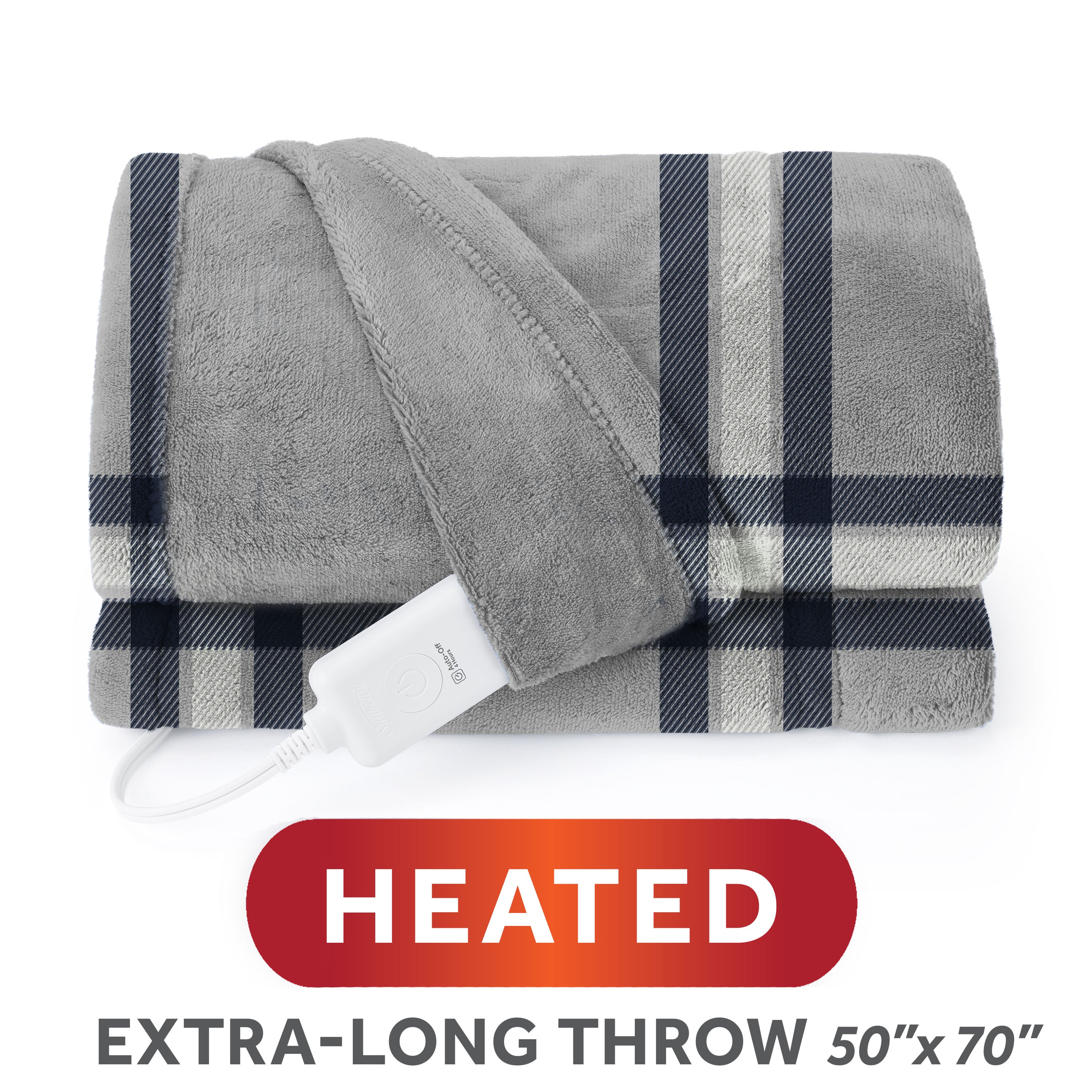 Sunbeam Heated Paler Plaid Gray Throw Blanket Microplush 4 Heat Settings 50x70