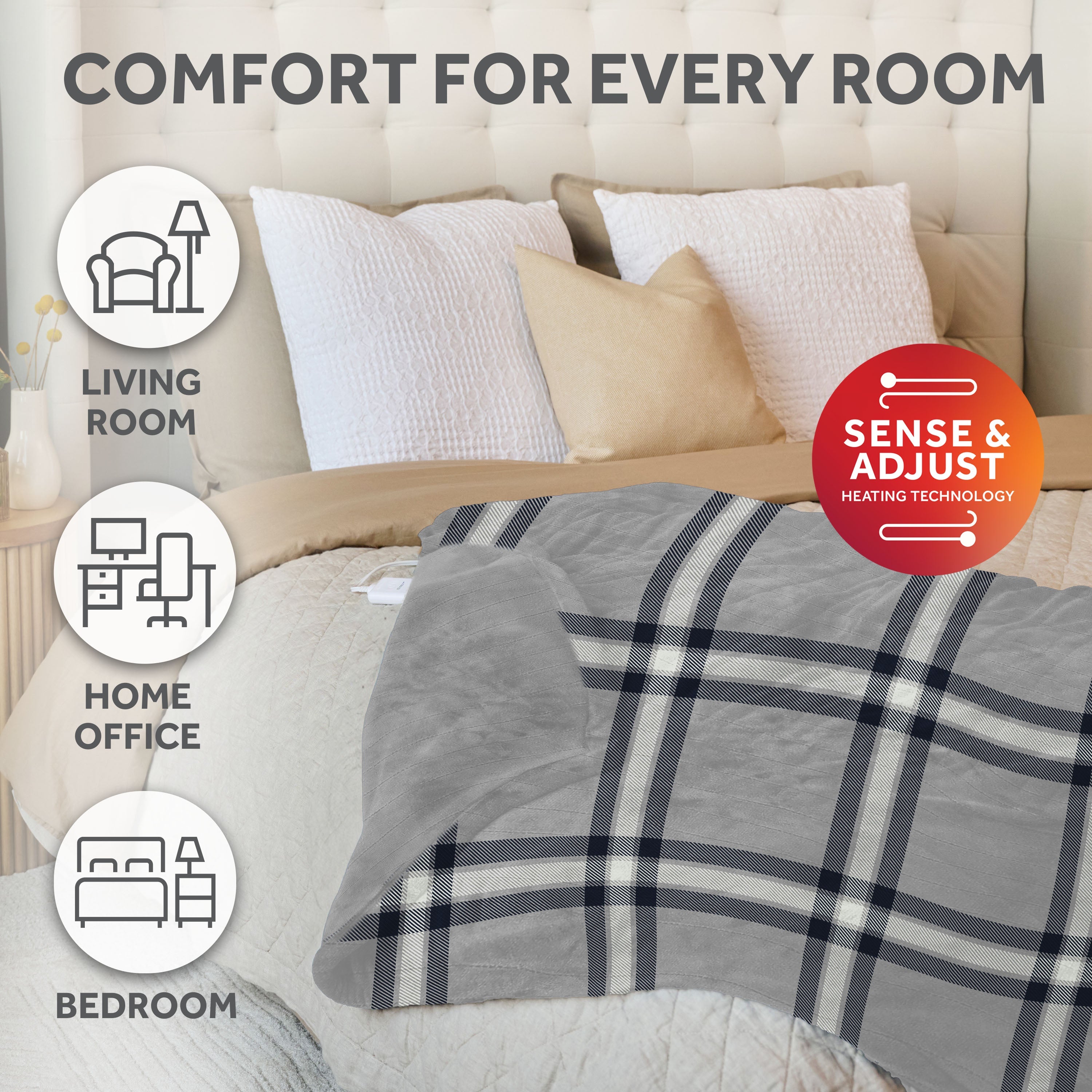 Sunbeam Heated Paler Plaid Gray Throw Blanket Microplush 4 Heat Settings 50x70