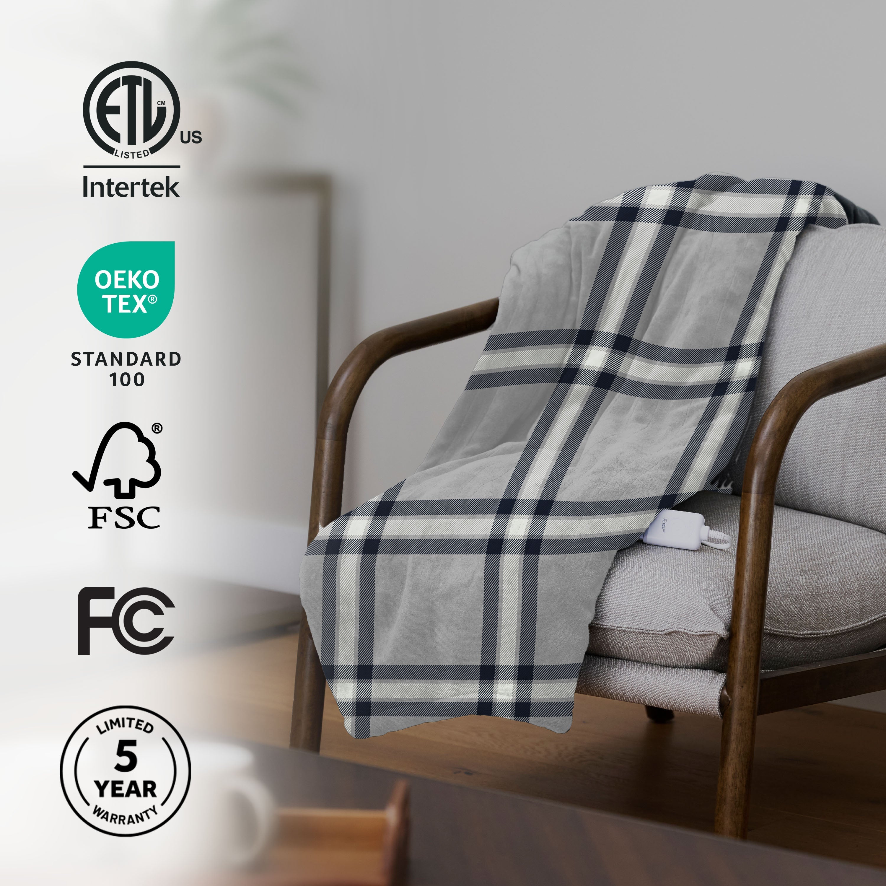 Sunbeam Heated Paler Plaid Gray Throw Blanket Microplush 4 Heat Settings 50x70