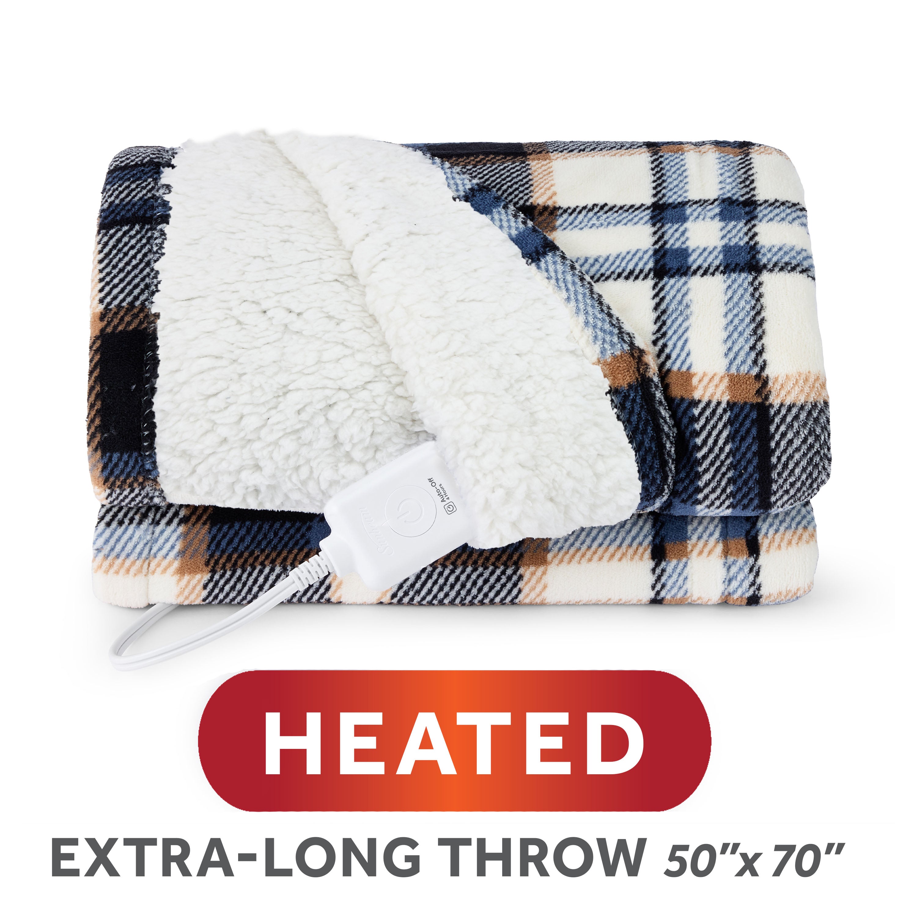 Sunbeam Heated Harvey Plaid Black Throw Blanket Microplush Faux Shearling 4 Heat 50x70