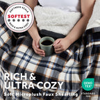 Sunbeam Heated Harvey Plaid Black Throw Blanket Microplush Faux Shearling 4 Heat 50x70