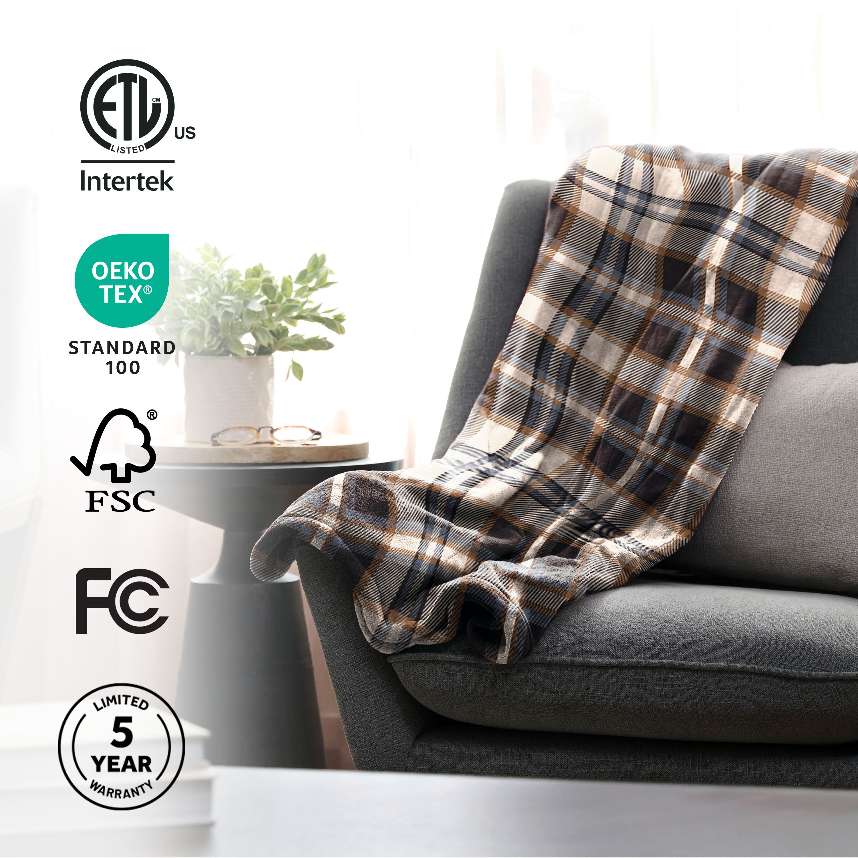 Sunbeam Heated Harvey Plaid Black Throw Blanket Microplush Faux Shearling 4 Heat 50x70
