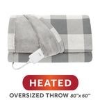 Sunbeam Heated Buffalo Plaid Gray Throw Blanket Oversized Microplush 4 Heat 60x80