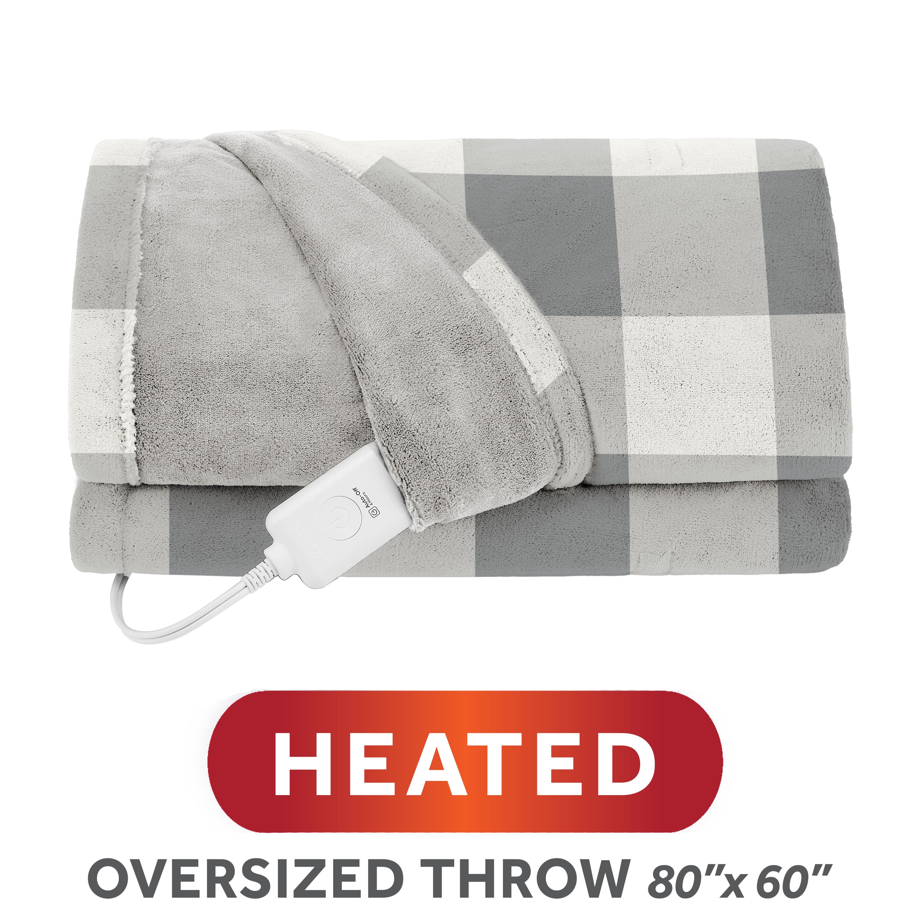 Sunbeam Heated Buffalo Plaid Gray Throw Blanket Oversized Microplush 4 Heat 60x80