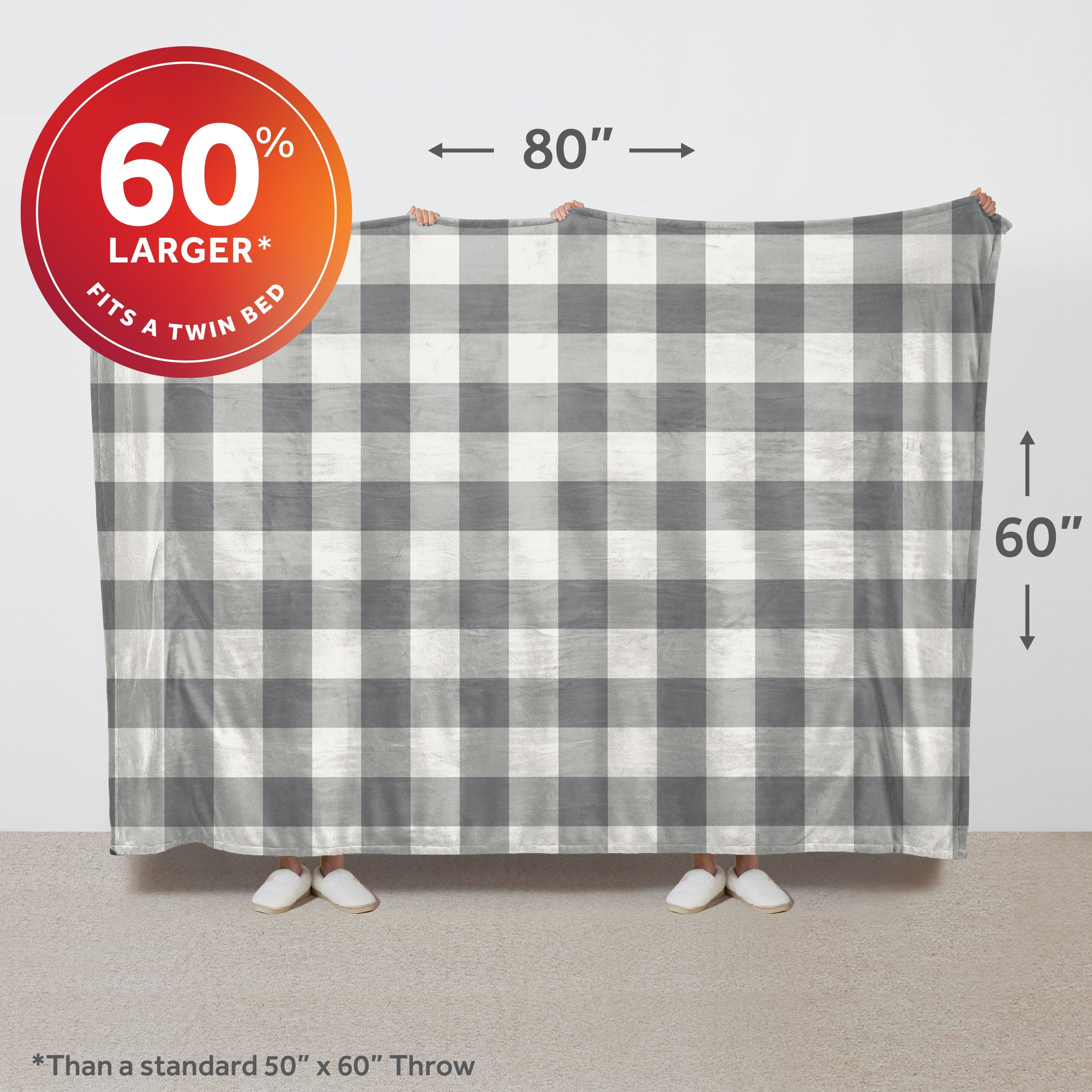 Sunbeam Heated Buffalo Plaid Gray Throw Blanket Oversized Microplush 4 Heat 60x80