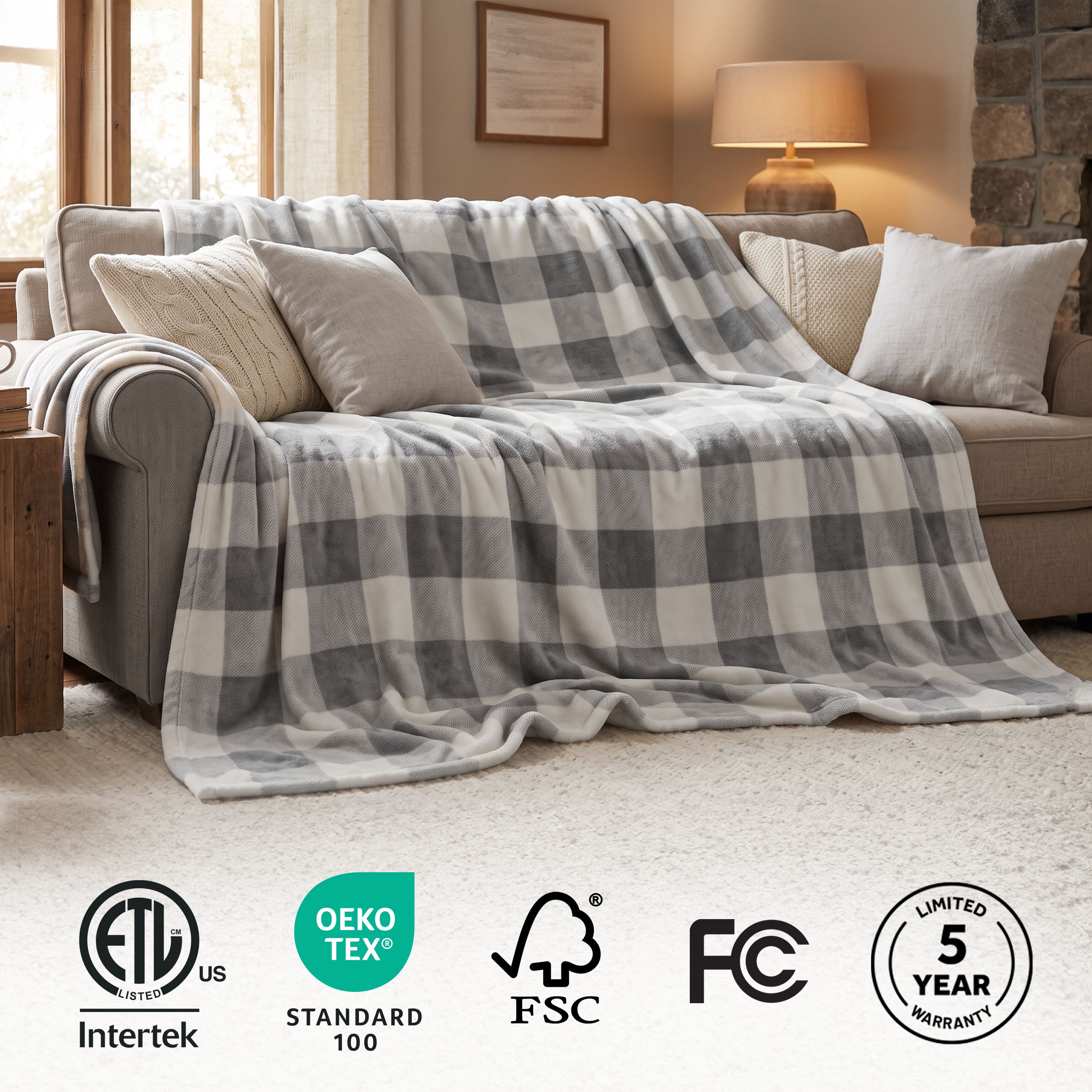 Sunbeam Heated Buffalo Plaid Gray Throw Blanket Oversized Microplush 4 Heat 60x80