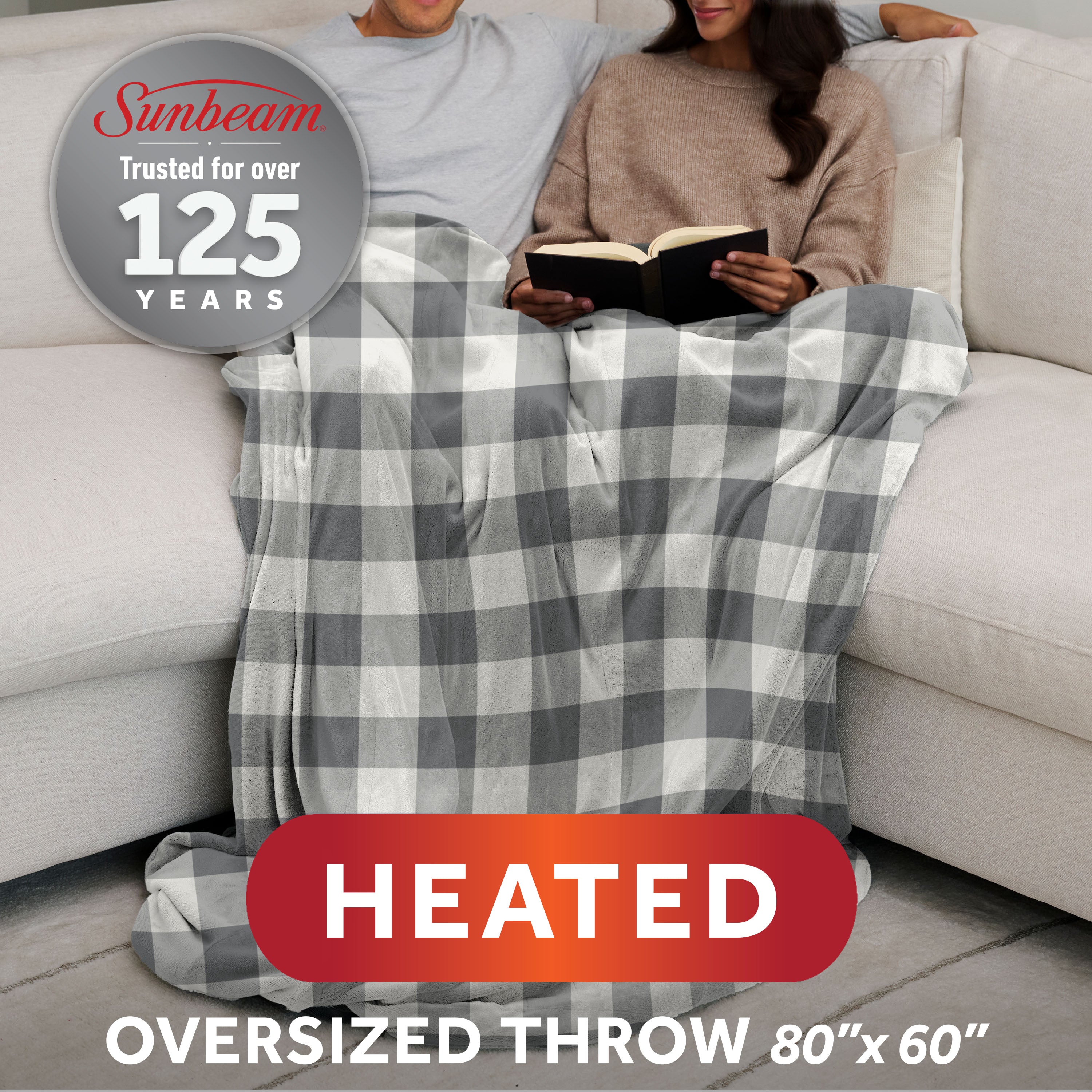Sunbeam Heated Buffalo Plaid Gray Throw Blanket Oversized Microplush 4 Heat 60x80