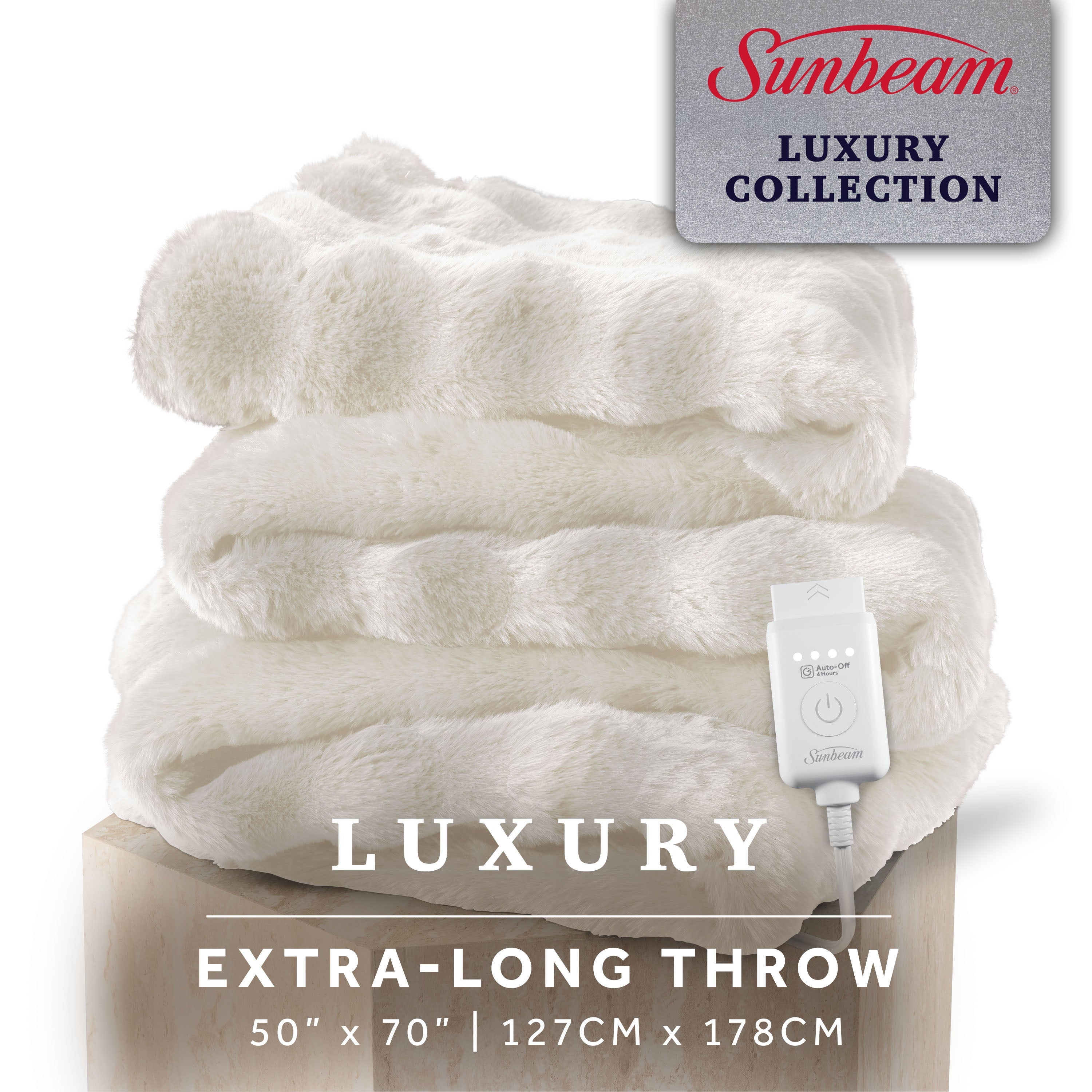 Sunbeam Heated Cream Throw Blanket Bubble Faux Fur 4 Heat Settings 50x60