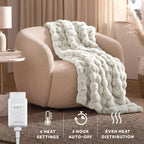 Sunbeam Heated Cream Throw Blanket Bubble Faux Fur 4 Heat Settings 50x60