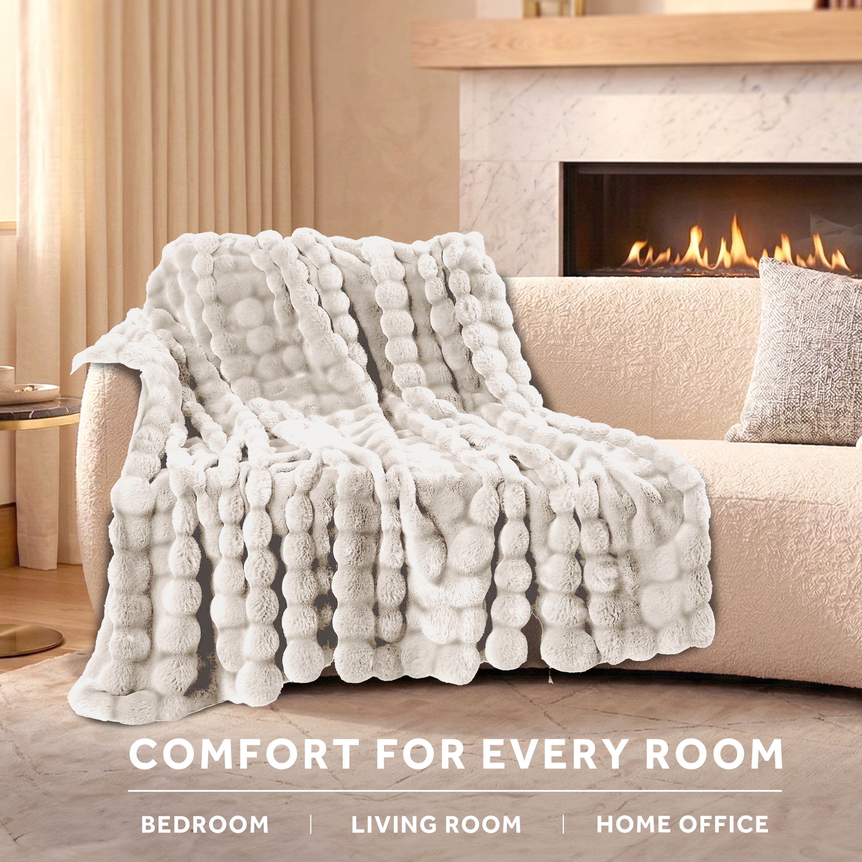Sunbeam Heated Cream Throw Blanket Bubble Faux Fur 4 Heat Settings 50x60