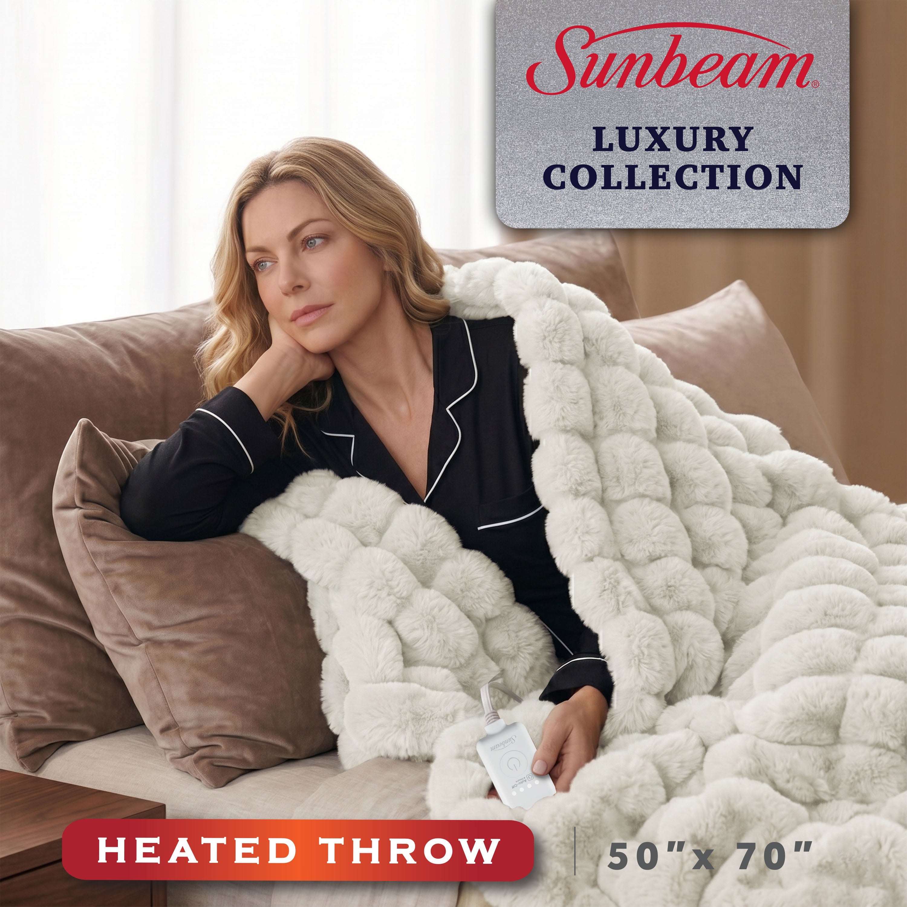 Sunbeam Heated Cream Throw Blanket Bubble Faux Fur 4 Heat Settings 50x60