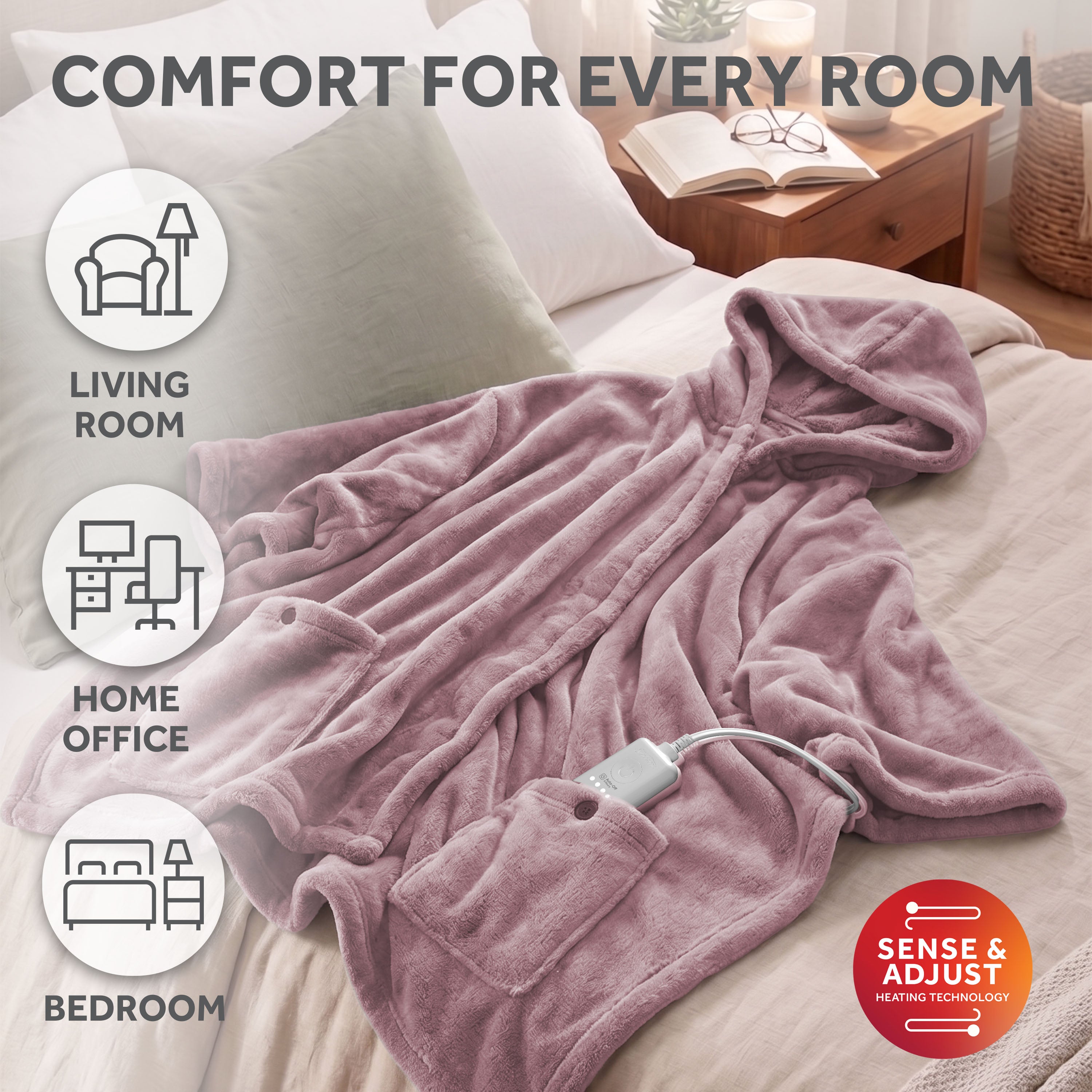 Sunbeam Heated Purple Wearable Throw Blanket Sleeves & Hood 4 Heat Settings 60x70