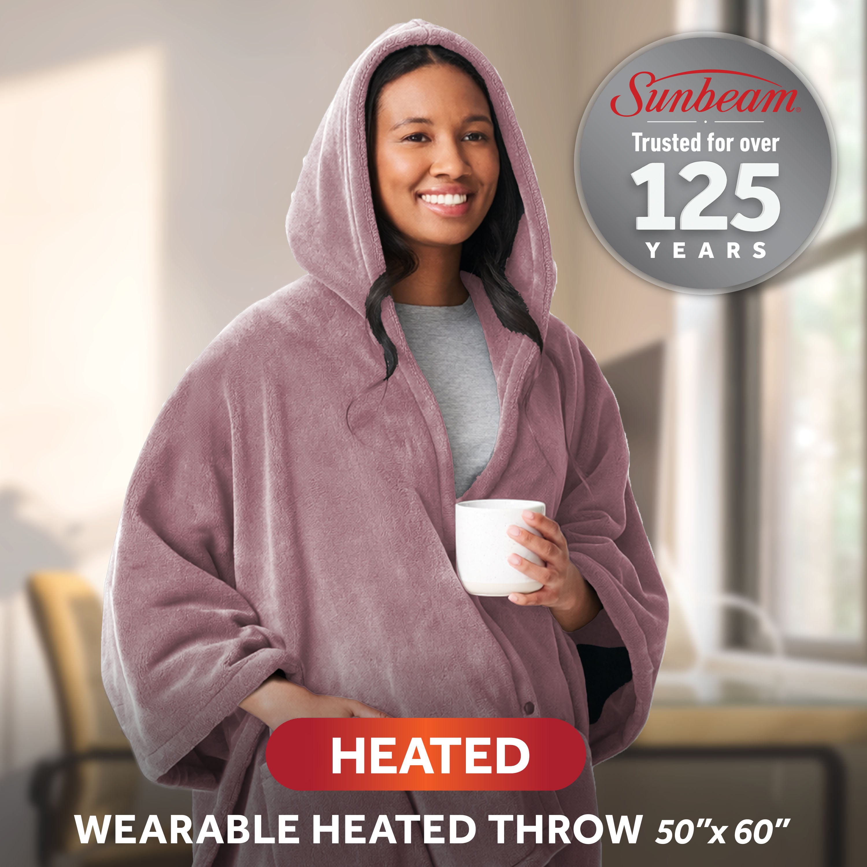 Sunbeam Heated Purple Wearable Throw Blanket Sleeves & Hood 4 Heat Settings 60x70