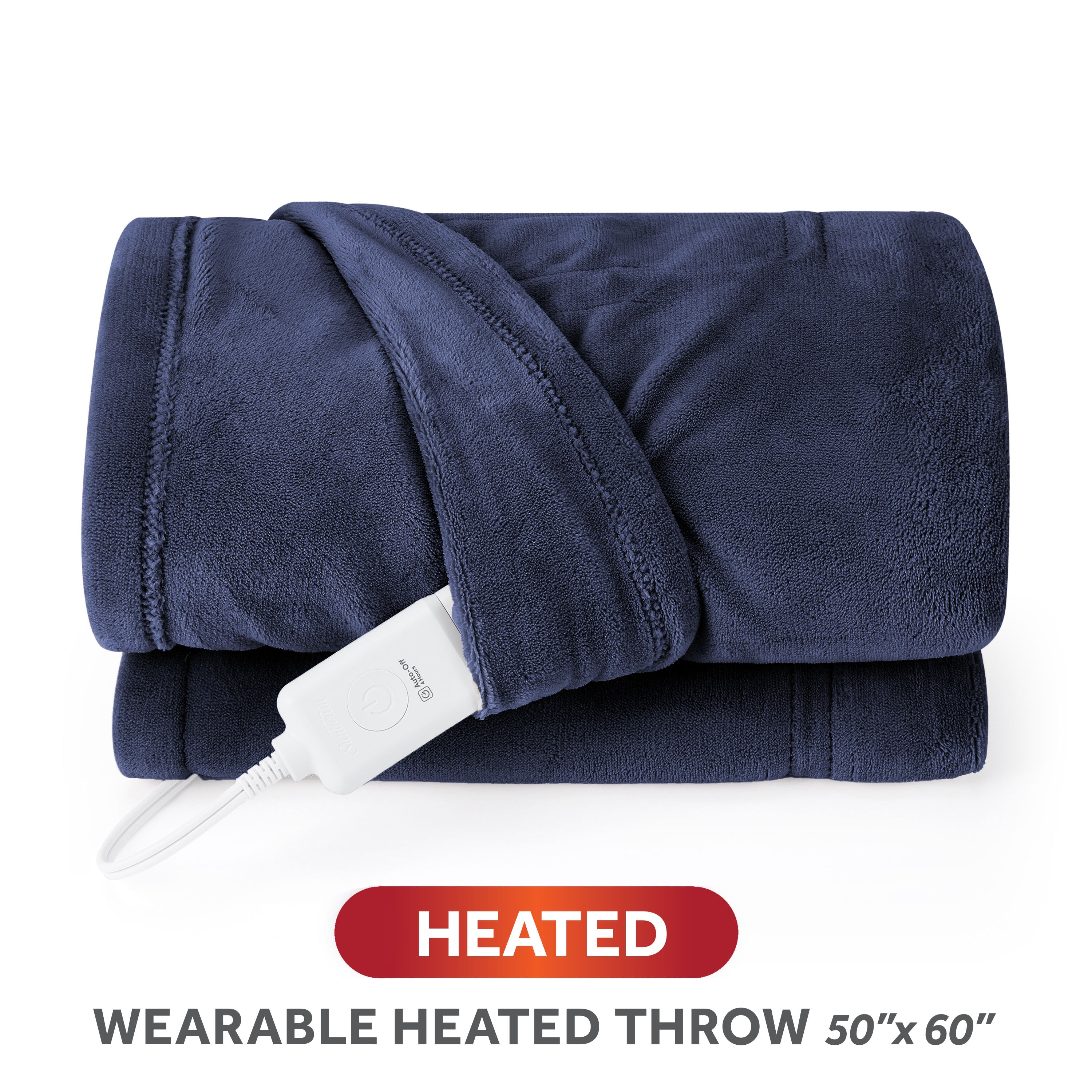 Sunbeam Heated Navy Blue Wearable Throw Blanket Sleeves & Hood 4 Heat 60x70