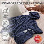 Sunbeam Heated Navy Blue Wearable Throw Blanket Sleeves & Hood 4 Heat 60x70