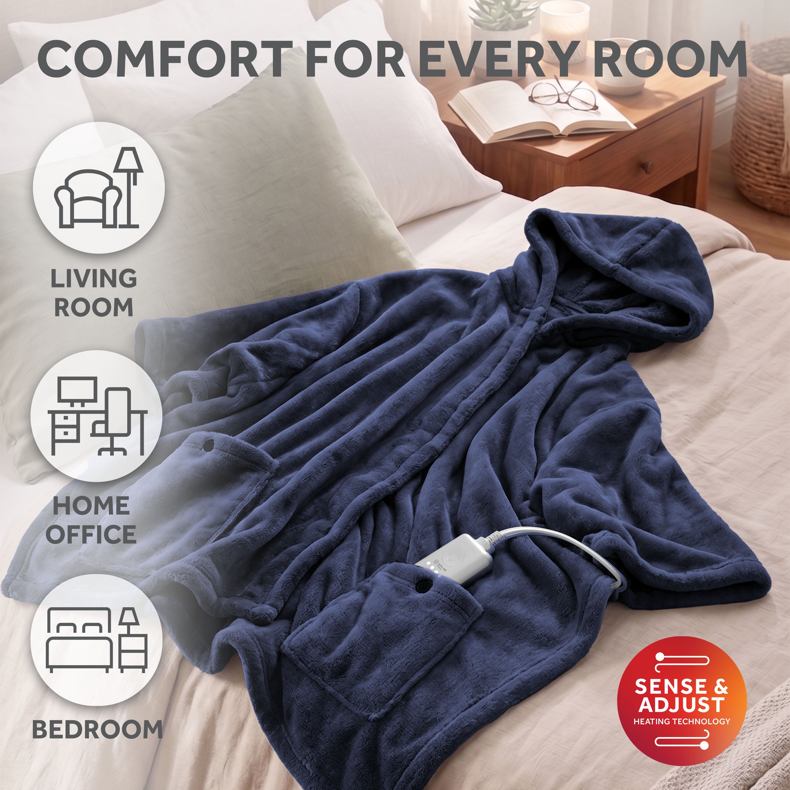 Sunbeam Heated Navy Blue Wearable Throw Blanket Sleeves & Hood 4 Heat 60x70