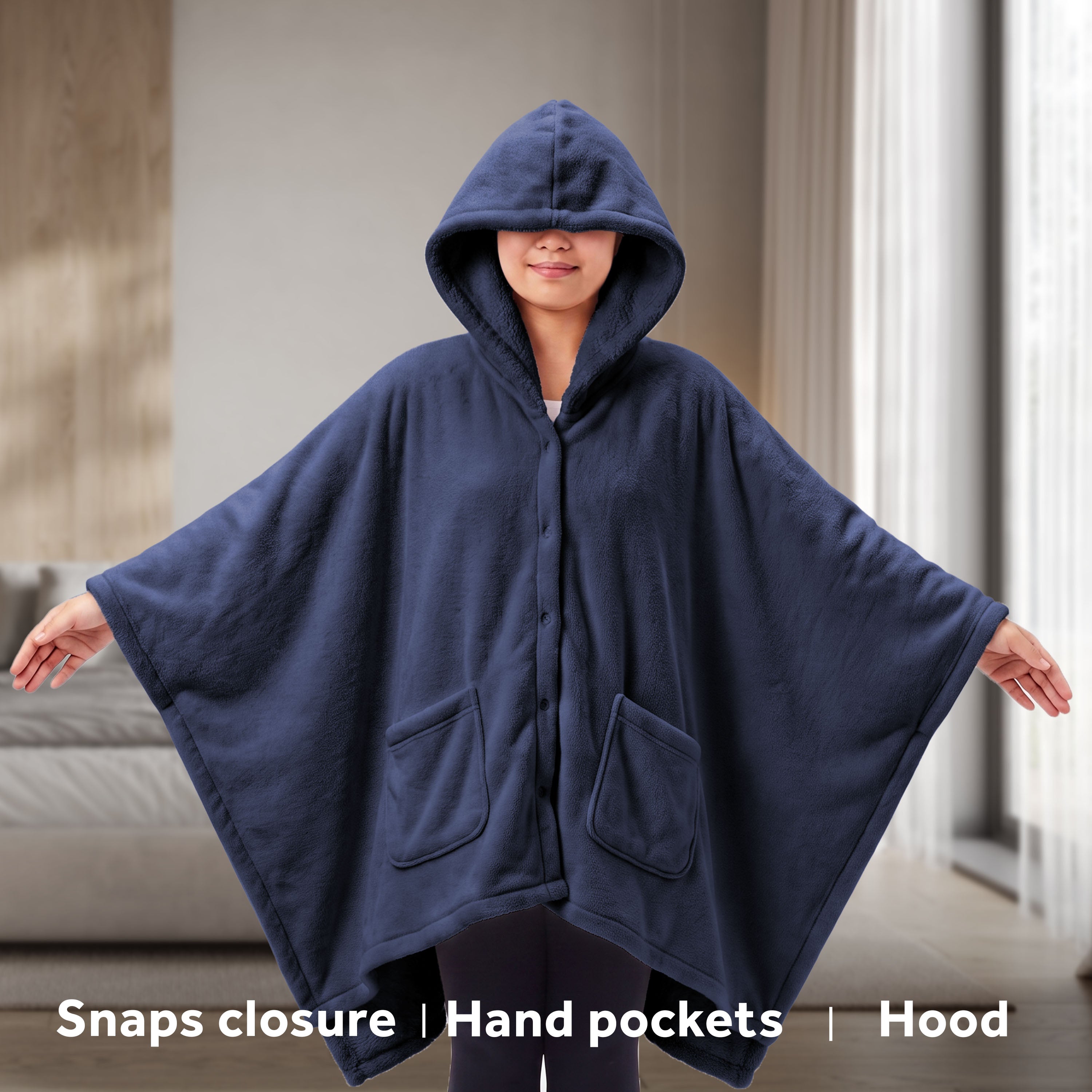 Sunbeam Heated Navy Blue Wearable Throw Blanket Sleeves & Hood 4 Heat 60x70