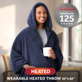 Sunbeam Heated Navy Blue Wearable Throw Blanket Sleeves & Hood 4 Heat 60x70