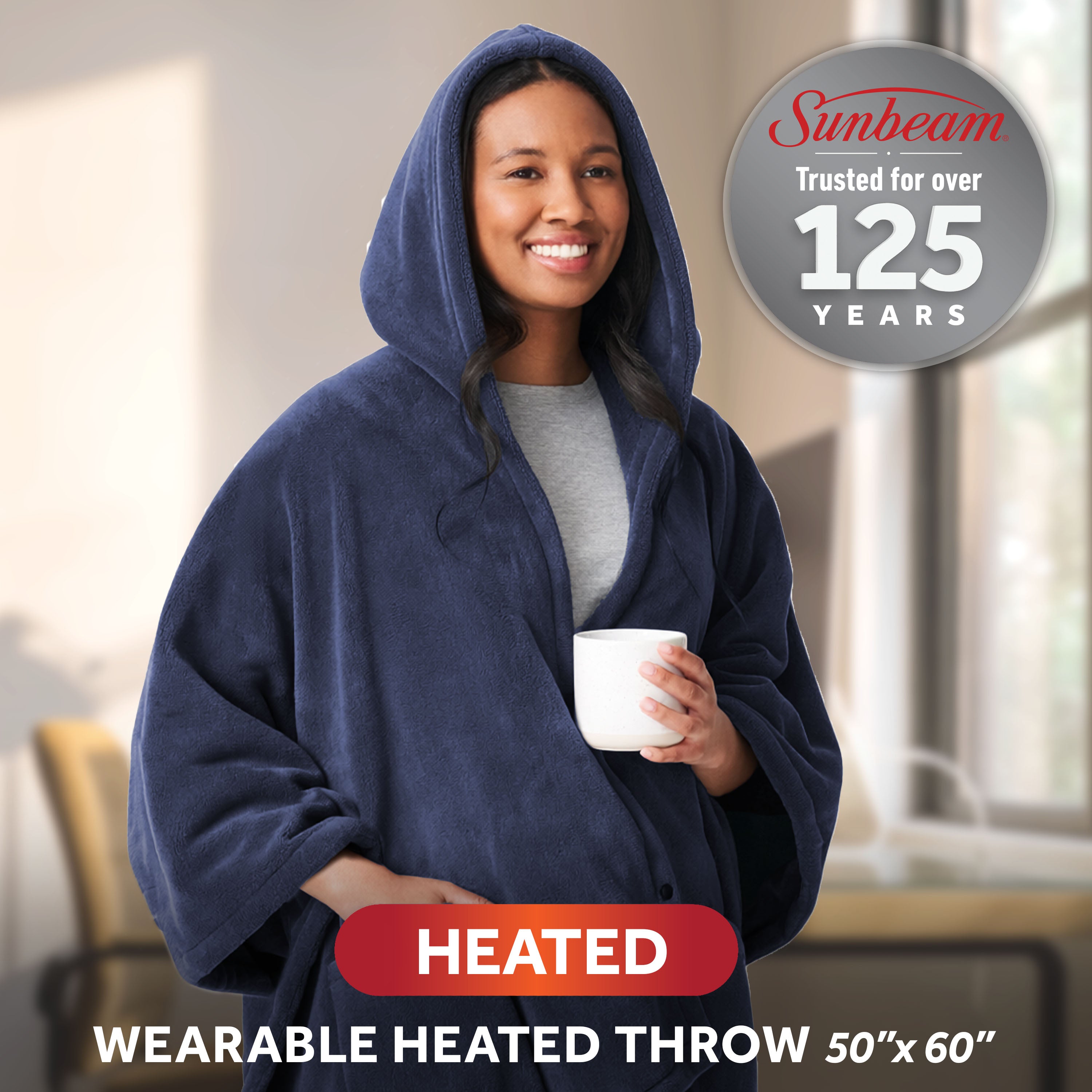 Sunbeam Heated Navy Blue Wearable Throw Blanket Sleeves & Hood 4 Heat 60x70