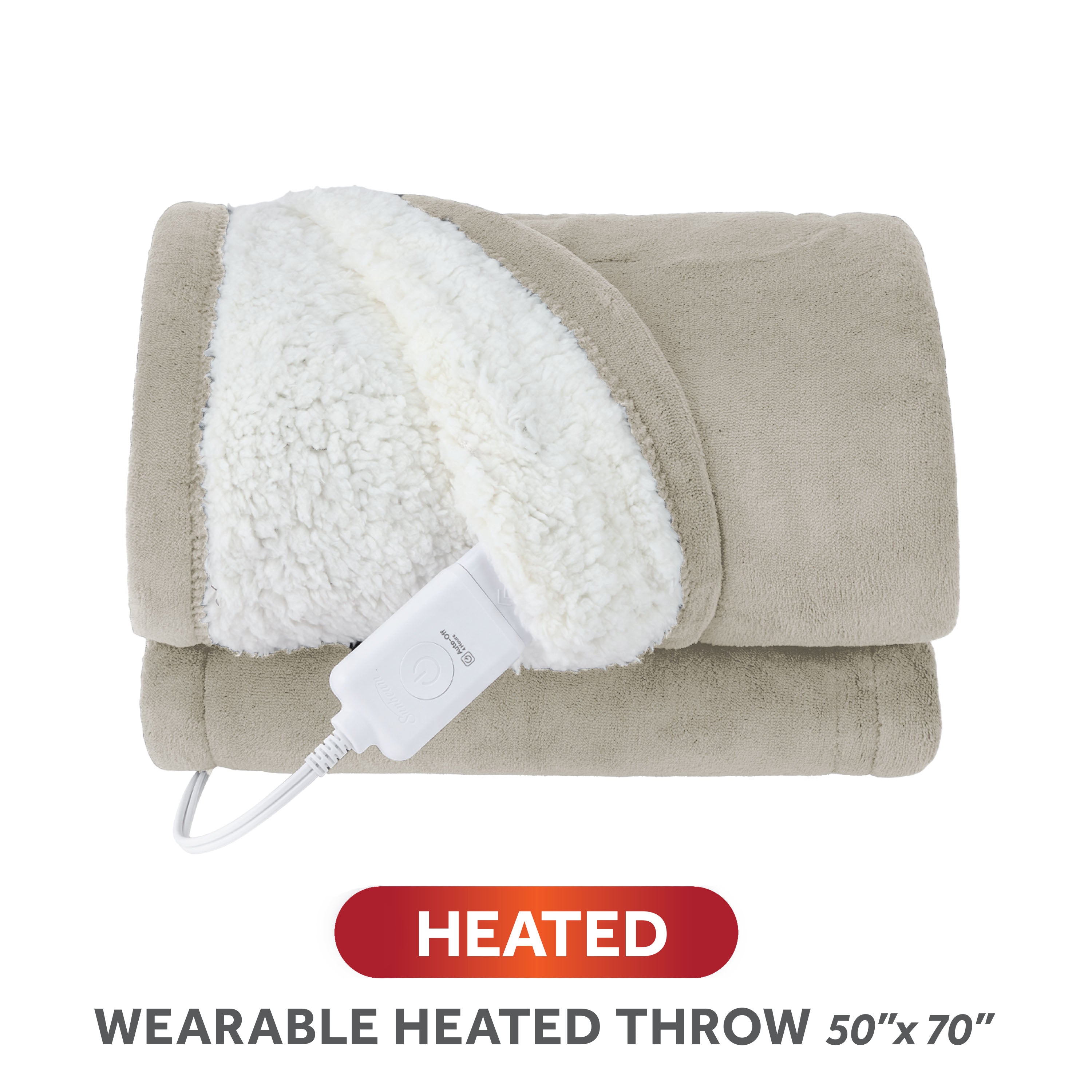 Sunbeam Heated Gray Wearable Sherpa Throw Blanket Hood Foot & Hand Pockets 4 Heat 60x70