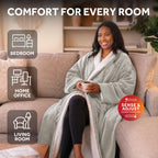 Sunbeam Heated Gray Wearable Sherpa Throw Blanket Hood Foot & Hand Pockets 4 Heat 60x70