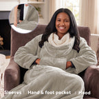 Sunbeam Heated Gray Wearable Sherpa Throw Blanket Hood Foot & Hand Pockets 4 Heat 60x70