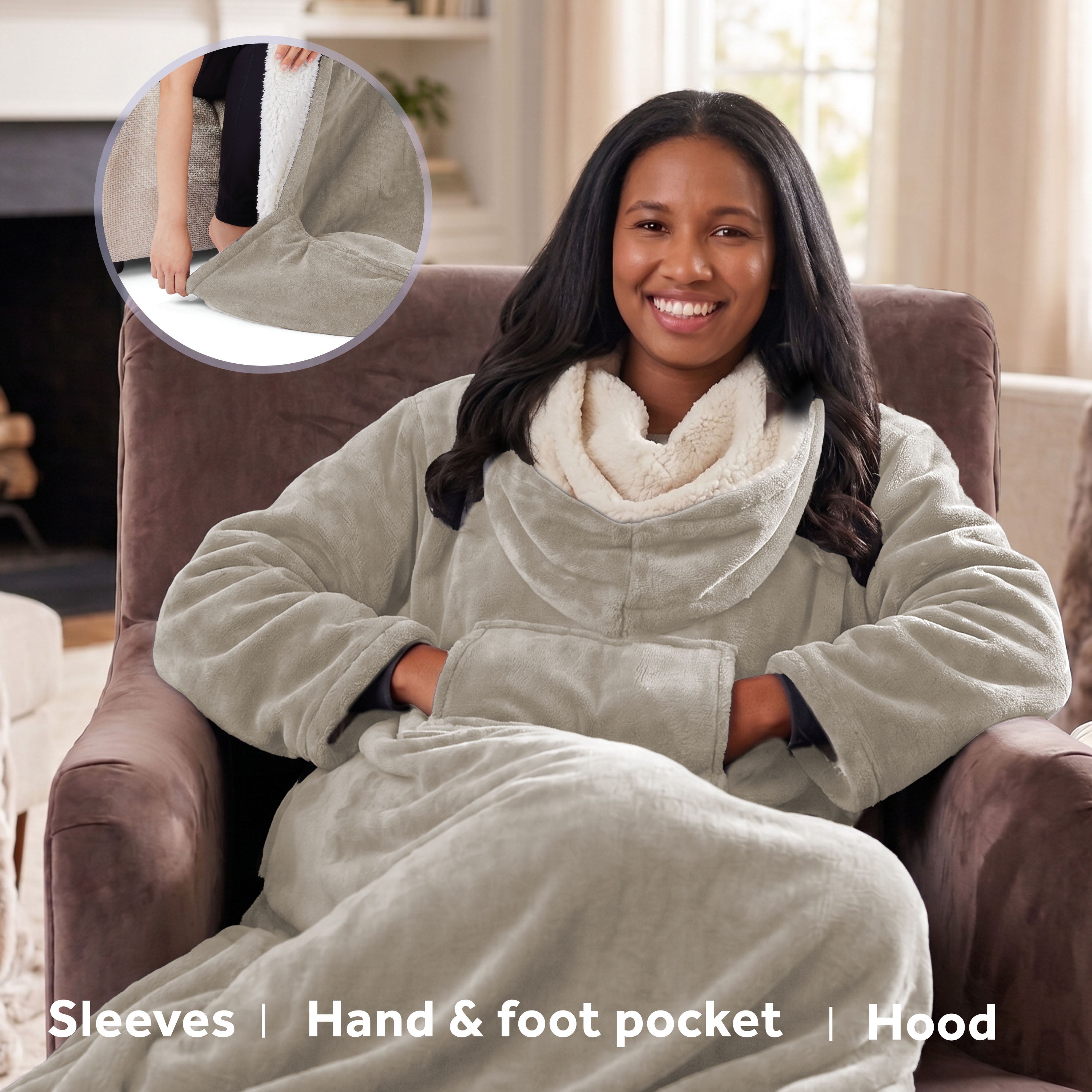 Sunbeam Heated Gray Wearable Sherpa Throw Blanket Hood Foot & Hand Pockets 4 Heat 60x70