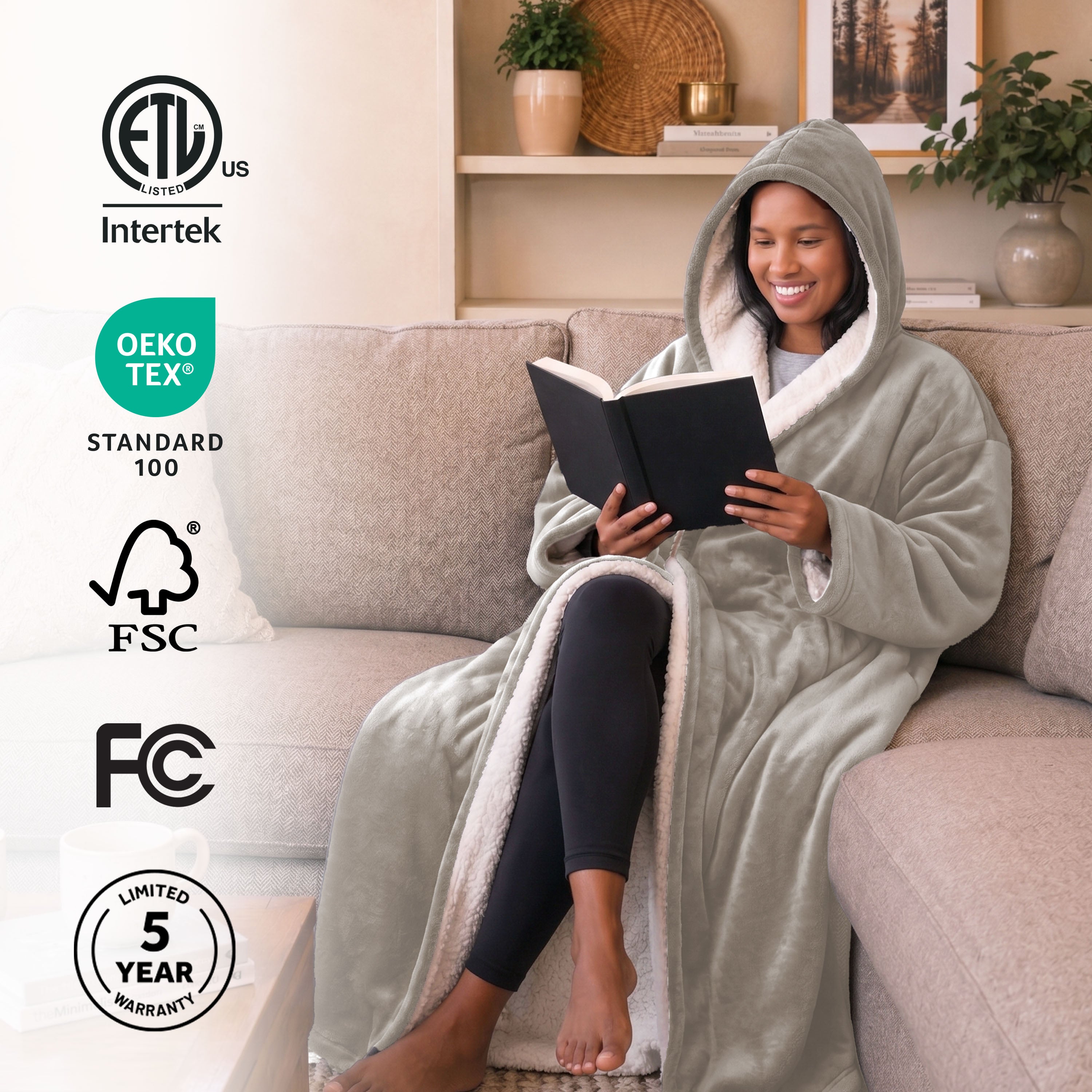 Sunbeam Heated Gray Wearable Sherpa Throw Blanket Hood Foot & Hand Pockets 4 Heat 60x70