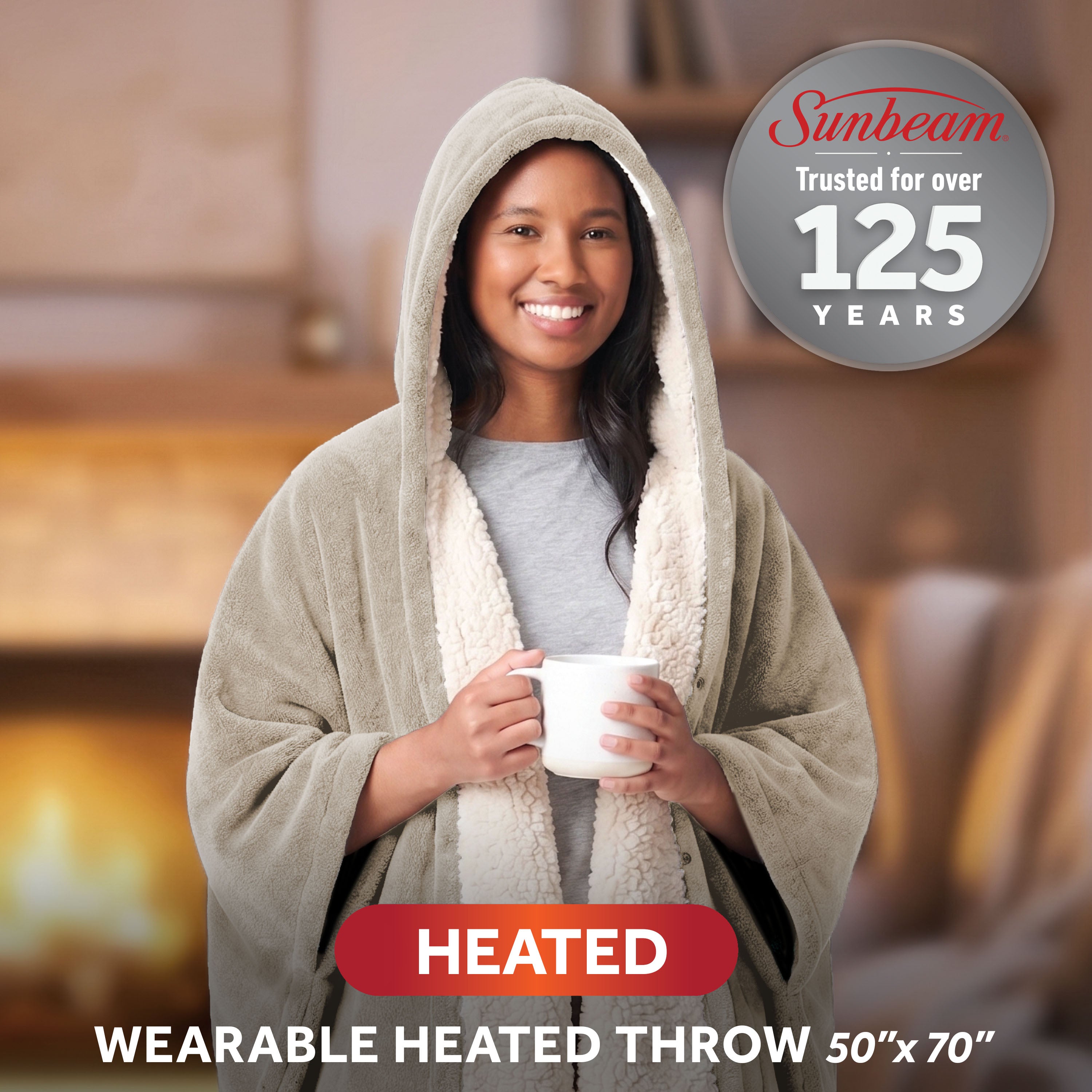 Sunbeam Heated Gray Wearable Sherpa Throw Blanket Hood Foot & Hand Pockets 4 Heat 60x70