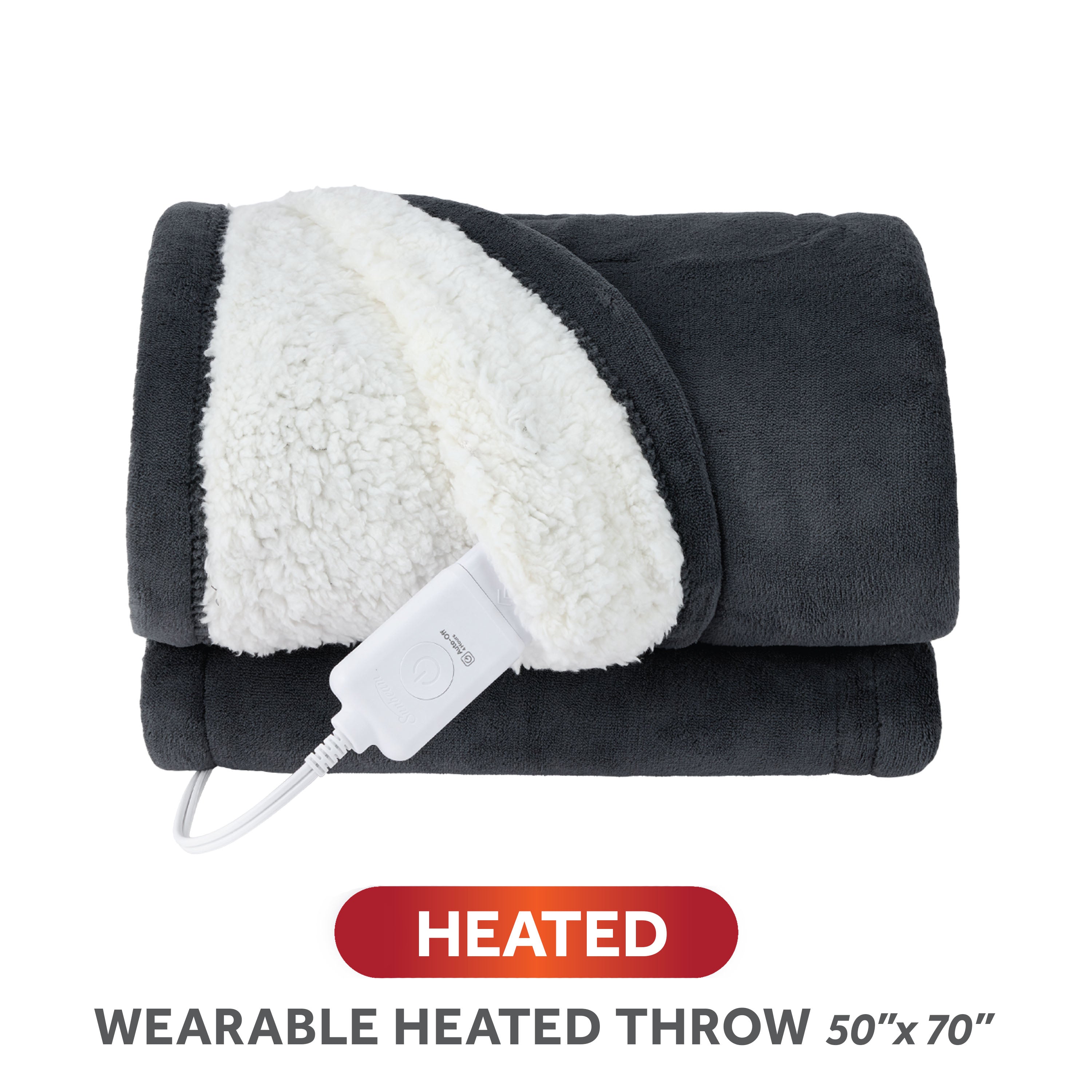 Sunbeam Heated Gray Throw Blanket Faux Shearling Foot Pocket 4 Heat Settings 50x70
