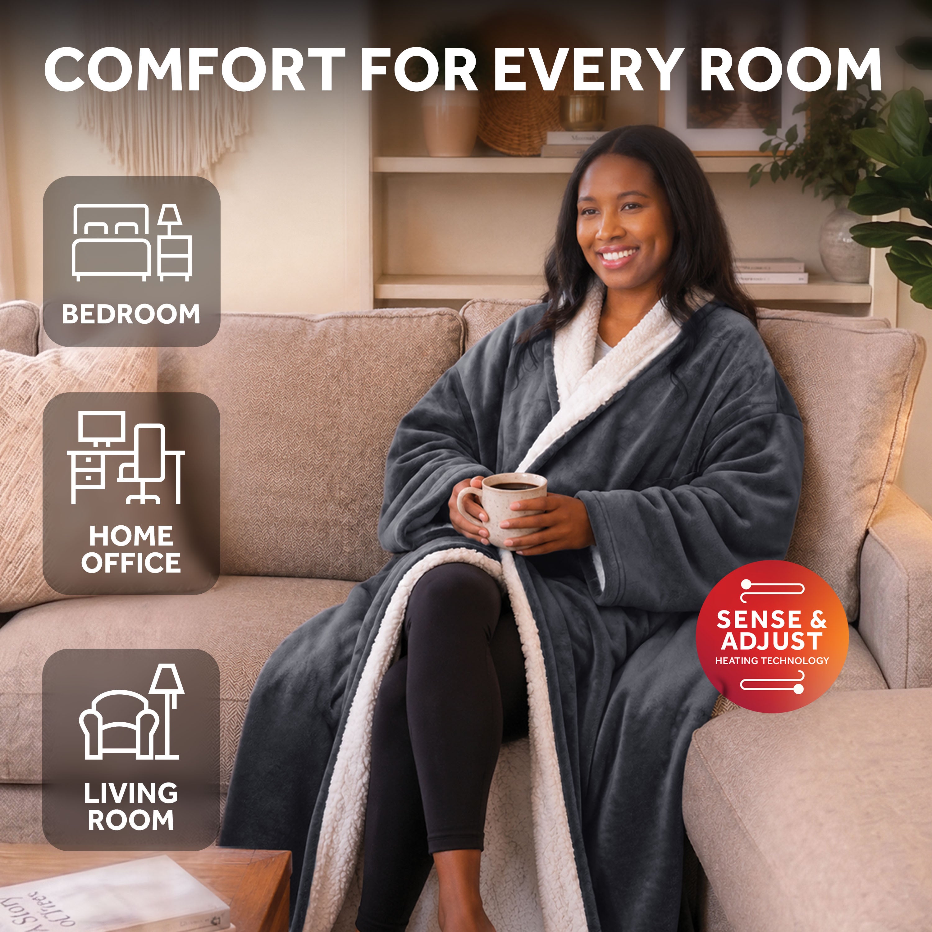 Sunbeam Heated Gray Throw Blanket Faux Shearling Foot Pocket 4 Heat Settings 50x70