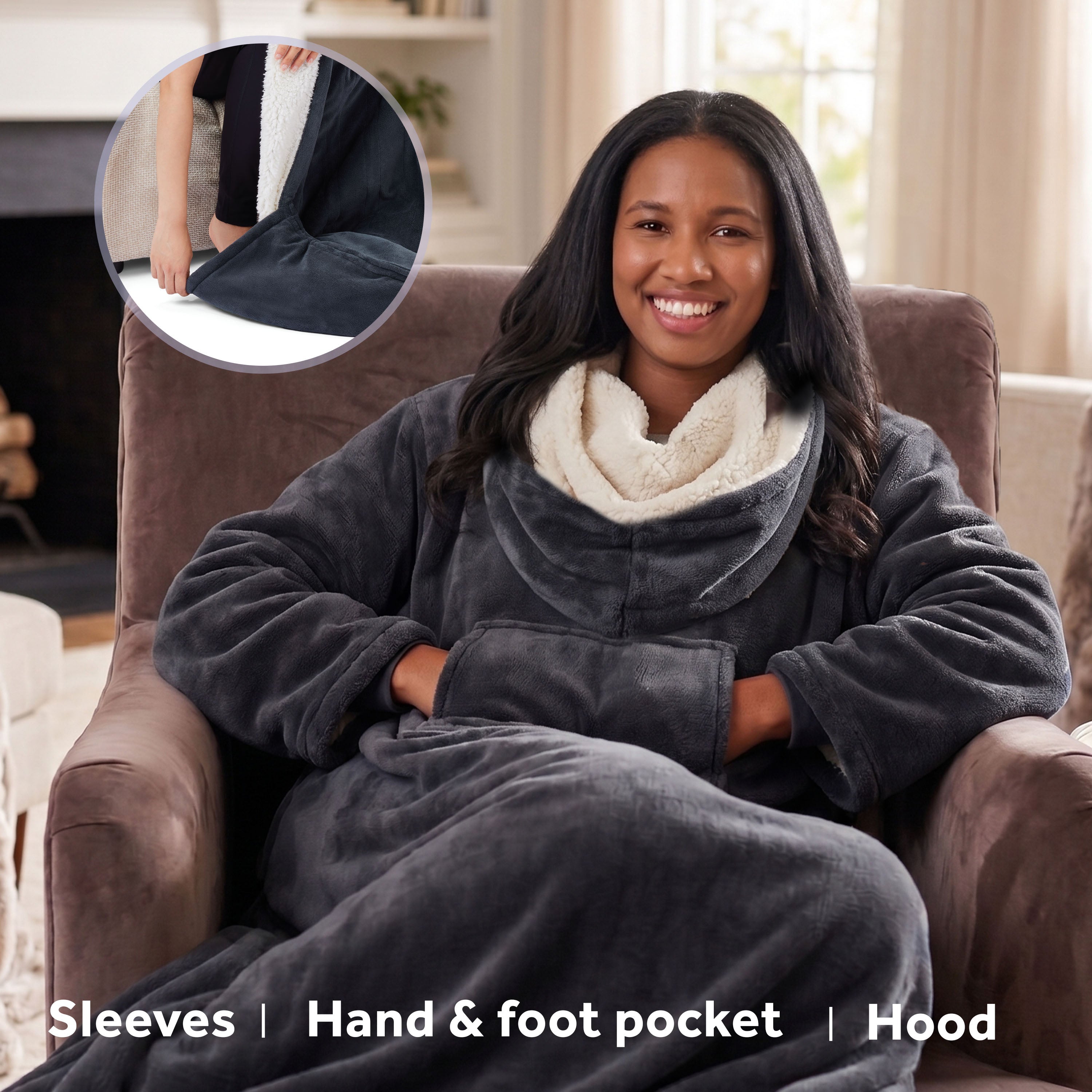 Sunbeam Heated Gray Throw Blanket Faux Shearling Foot Pocket 4 Heat Settings 50x70