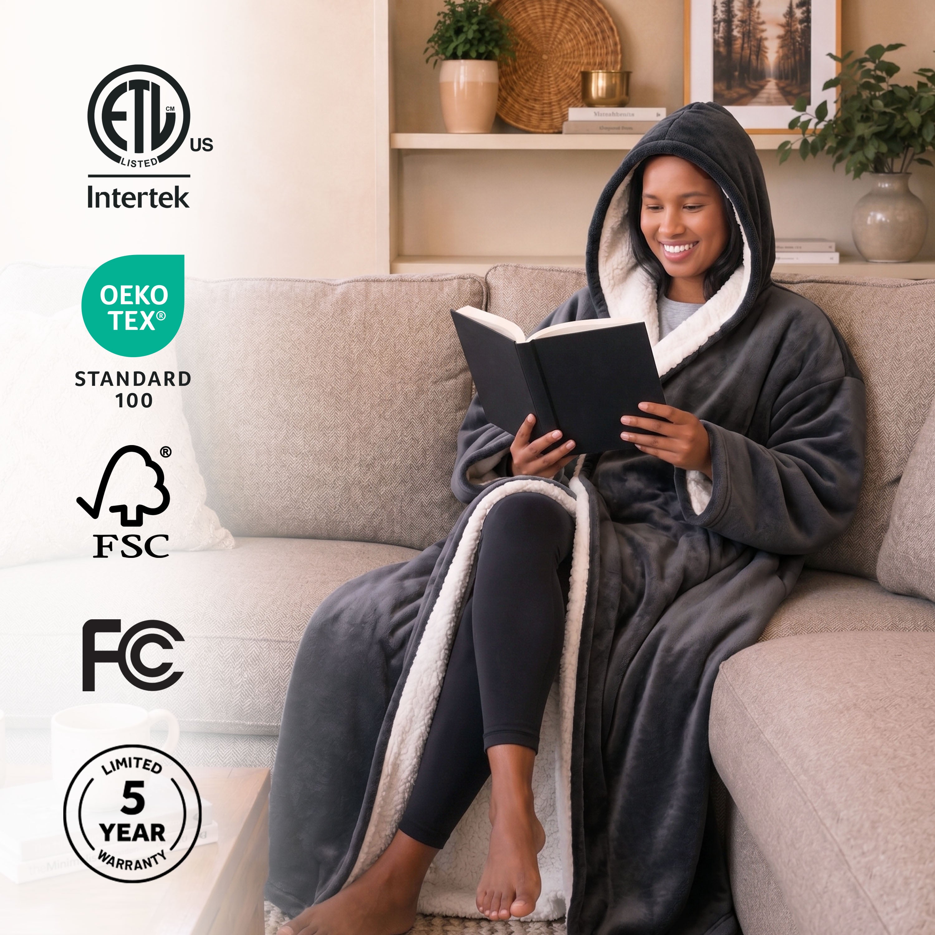 Sunbeam Heated Gray Throw Blanket Faux Shearling Foot Pocket 4 Heat Settings 50x70