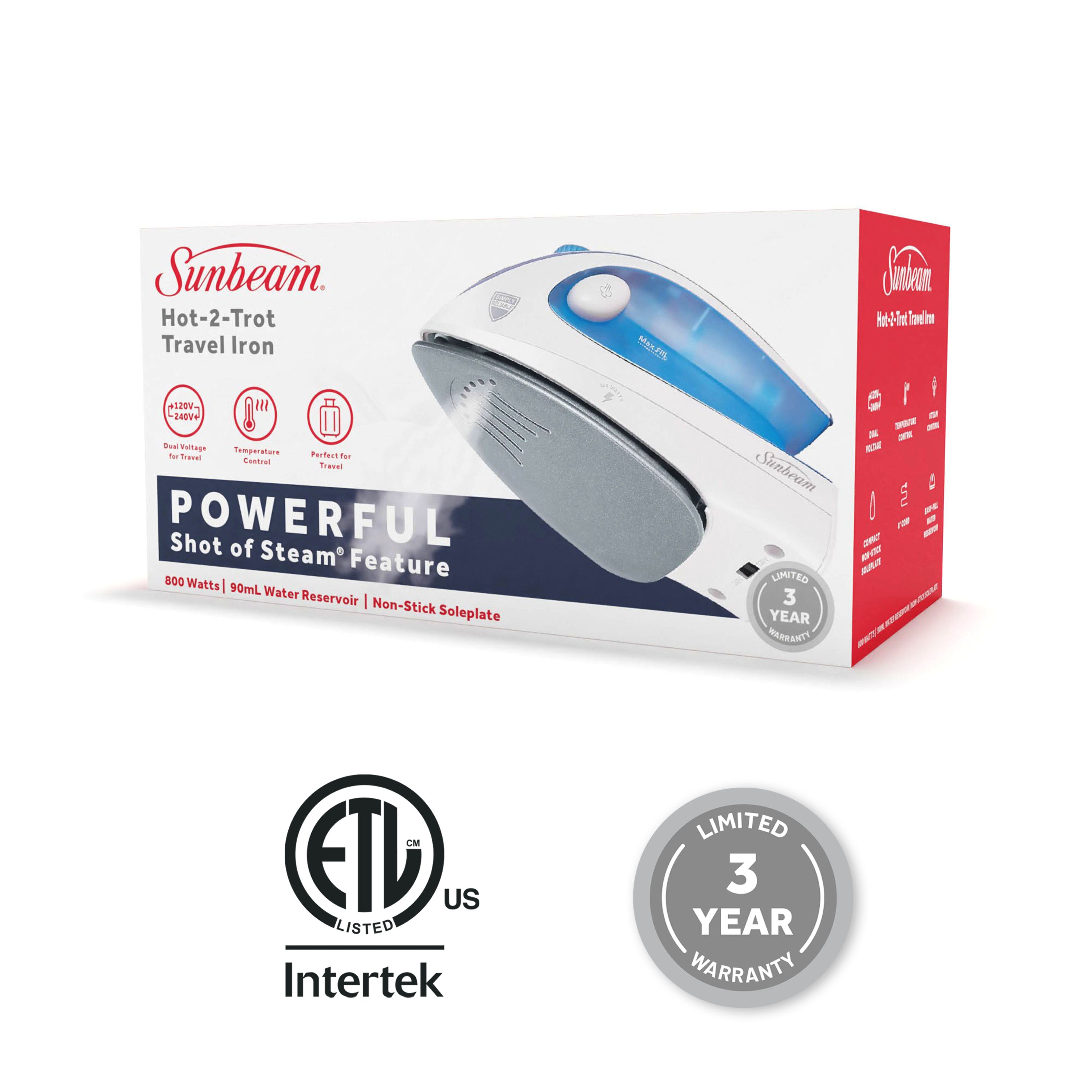 Sunbeam 800W Hot-2-Trot Travel Iron, White/Blue