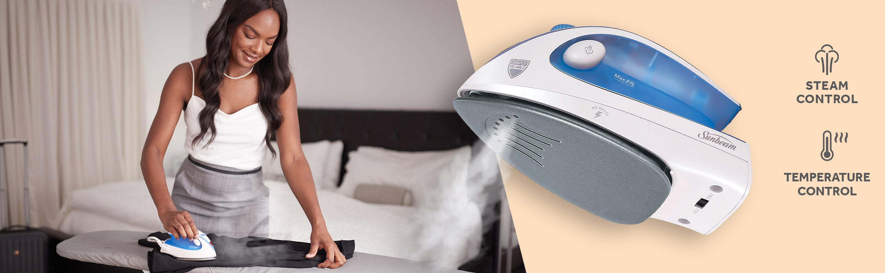 Sunbeam 800W Hot-2-Trot Travel Iron, White/Blue